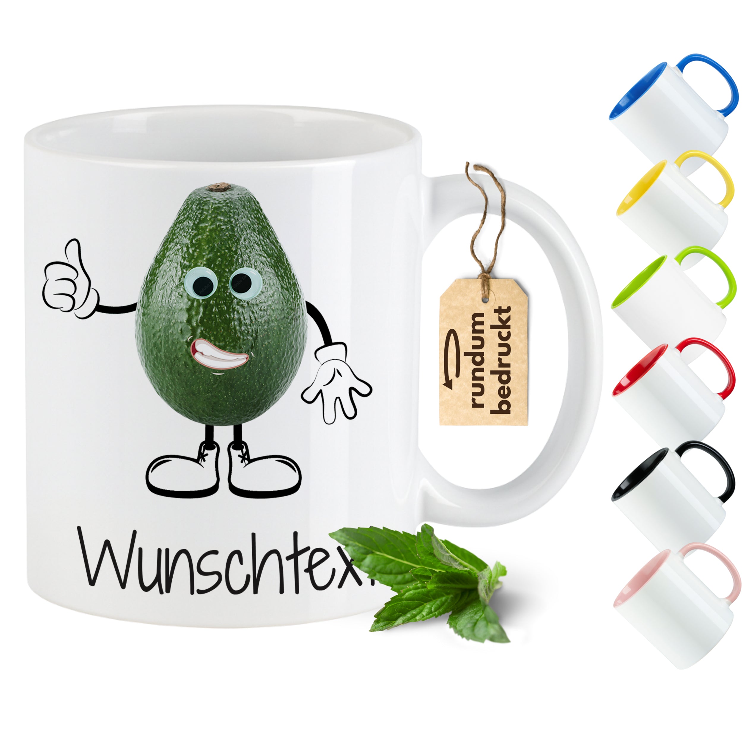Tasse mit Avocado-Motiv und Wunschtext, weiß mit buntem Henkel.