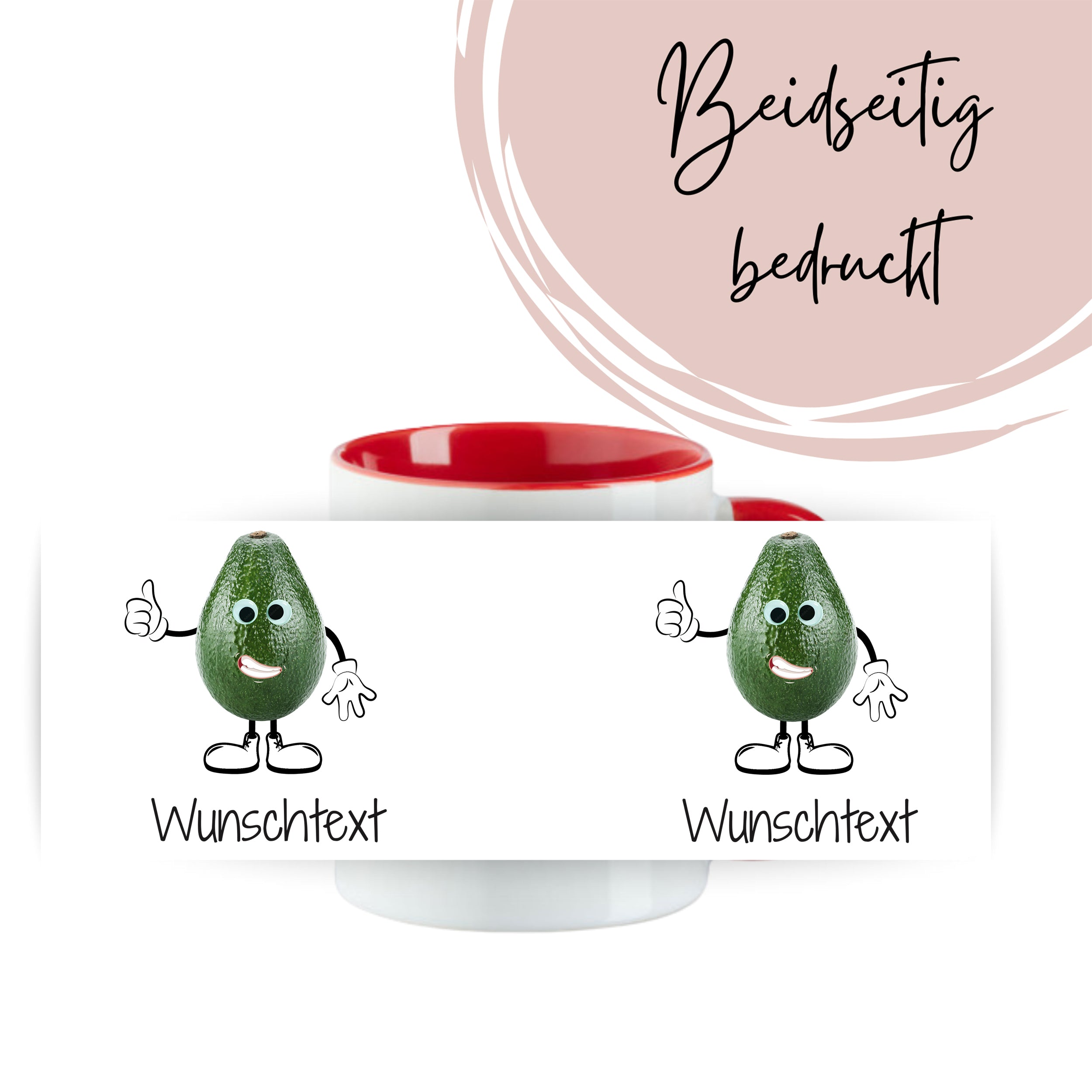 Tasse mit rotem Rand, beidseitig bedruckt, Avocado-Motiv.