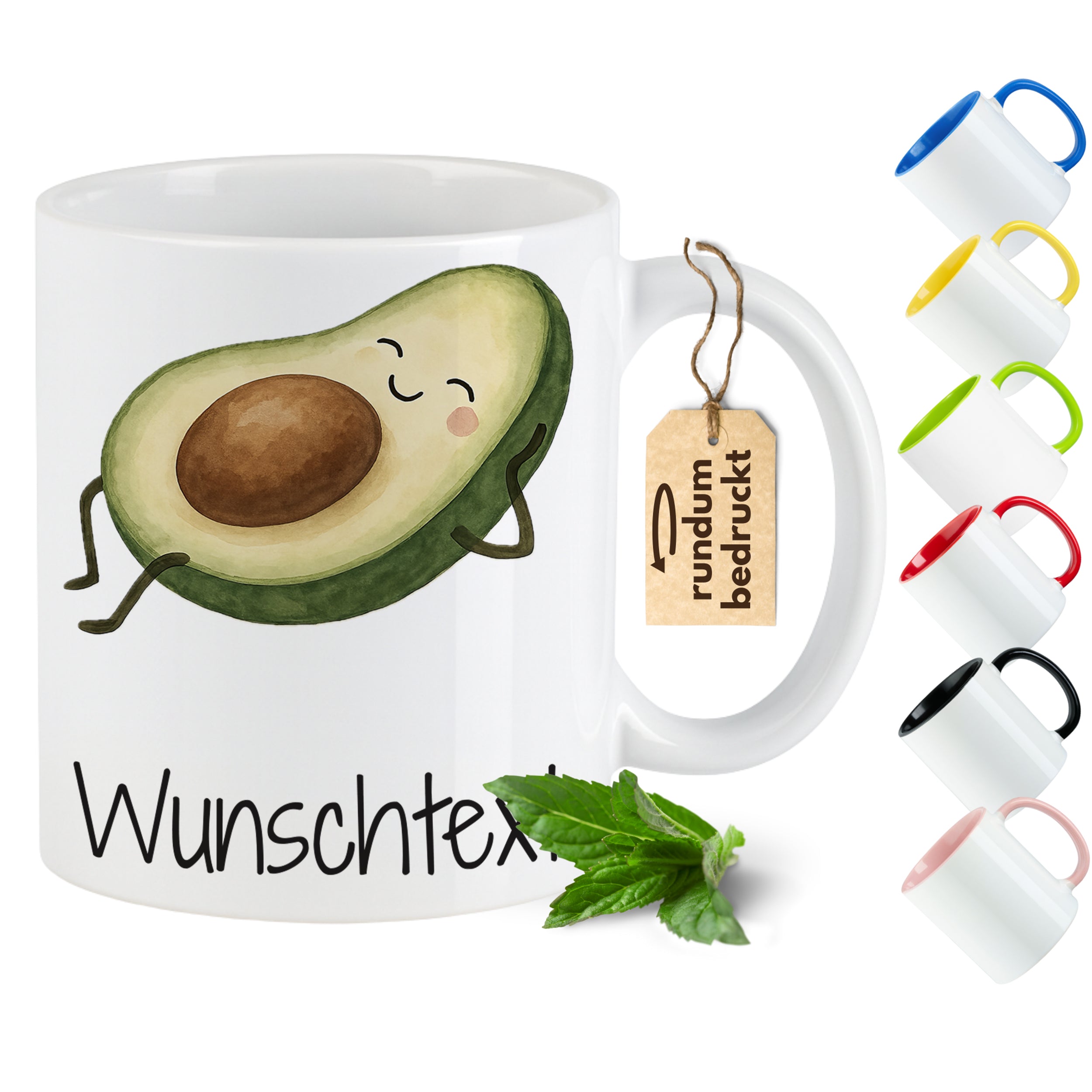 Kaffeetasse mit Avocado-Motiv und Wunschtext, weiß.