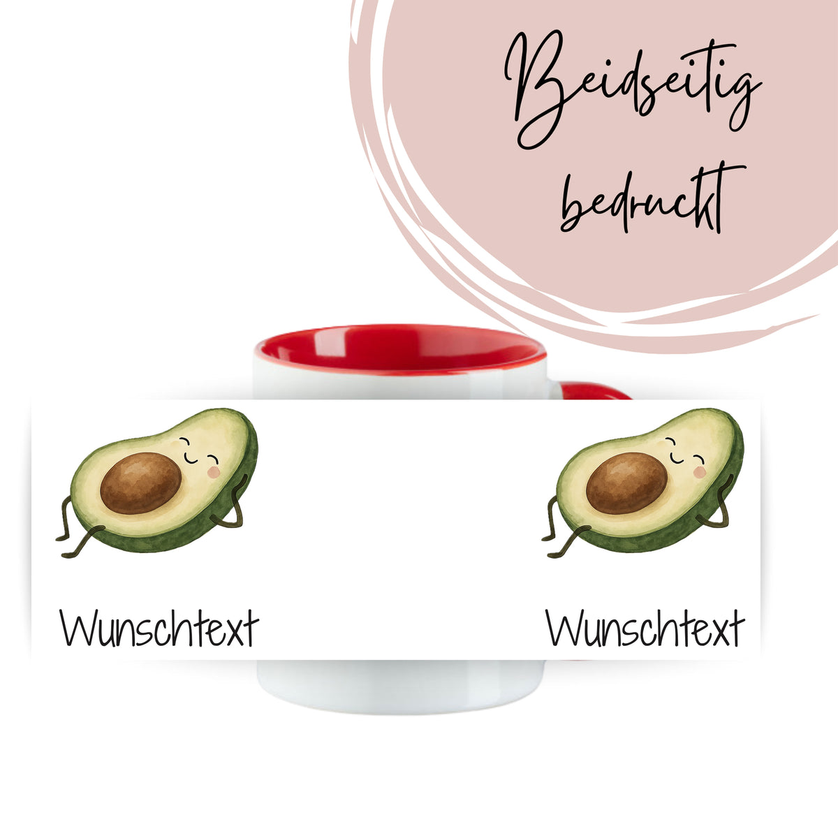 Tasse mit rotem Henkel, beidseitig bedruckt, Avocado-Motiv.