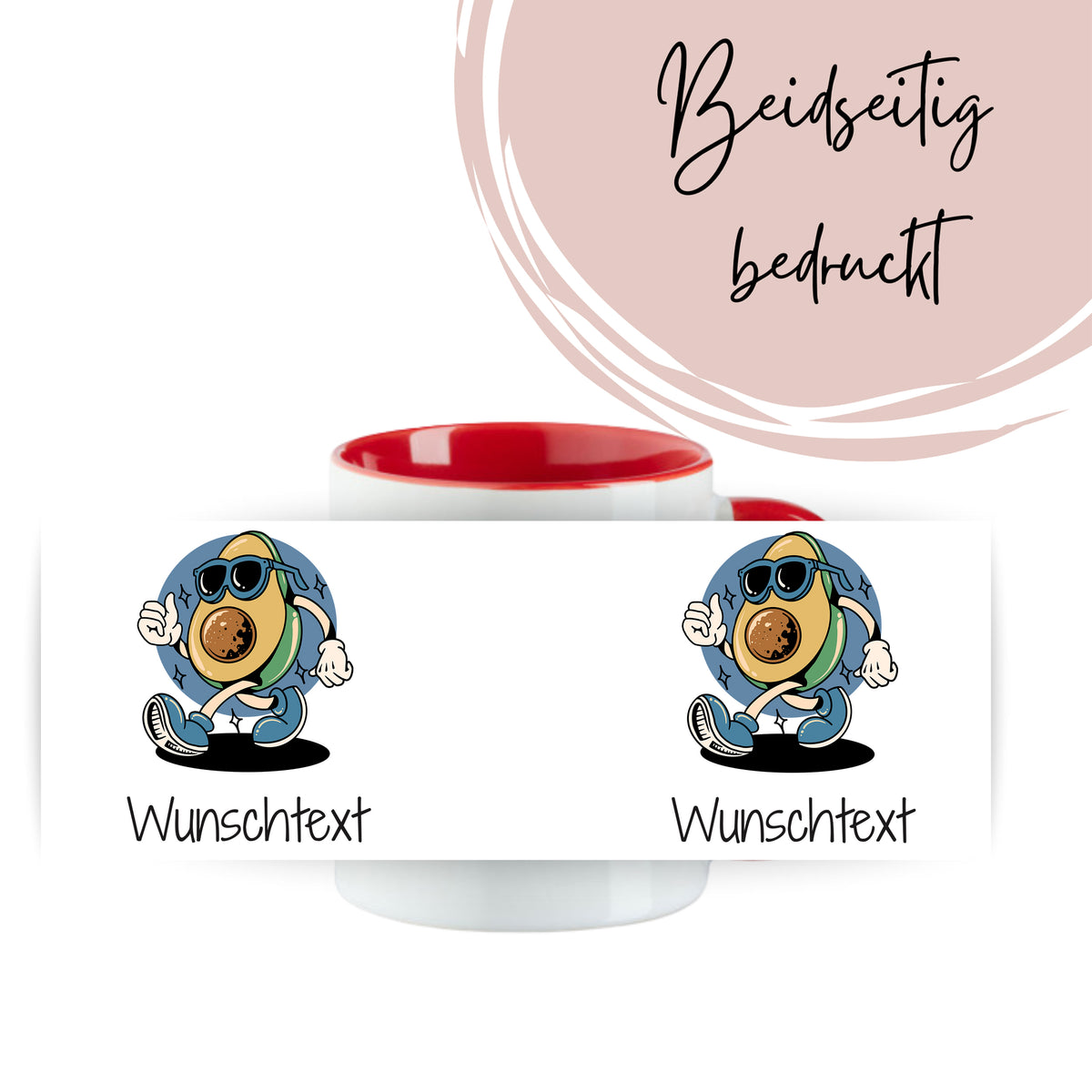 Beidseitig bedruckte Tasse mit buntem Cartoon-Design.