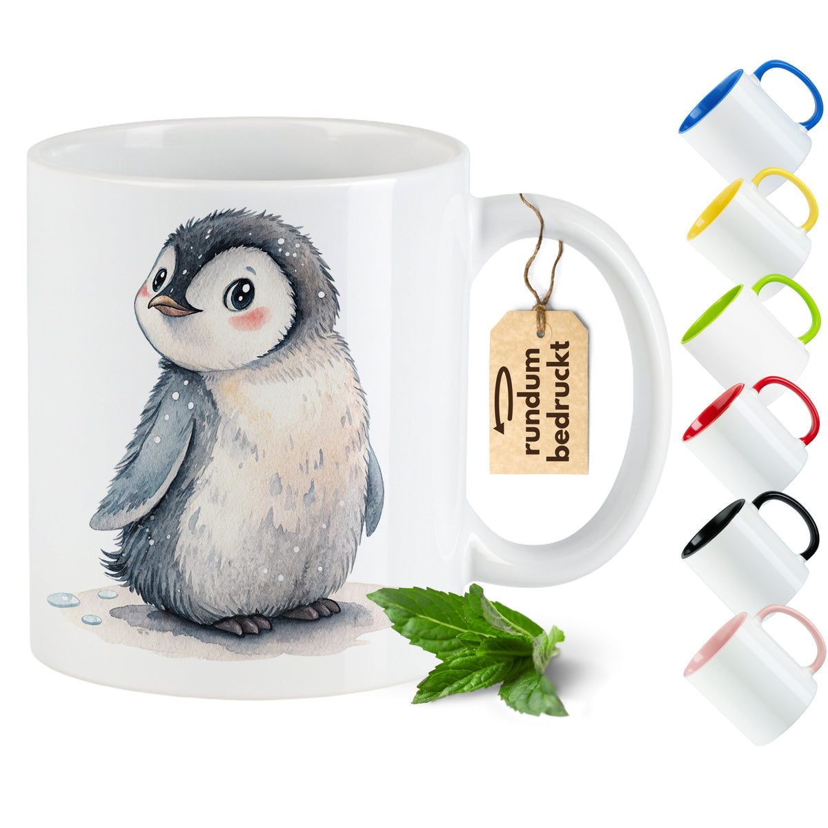 Tasse mit Pinguin-Motiv, weiß mit buntem Henkel.