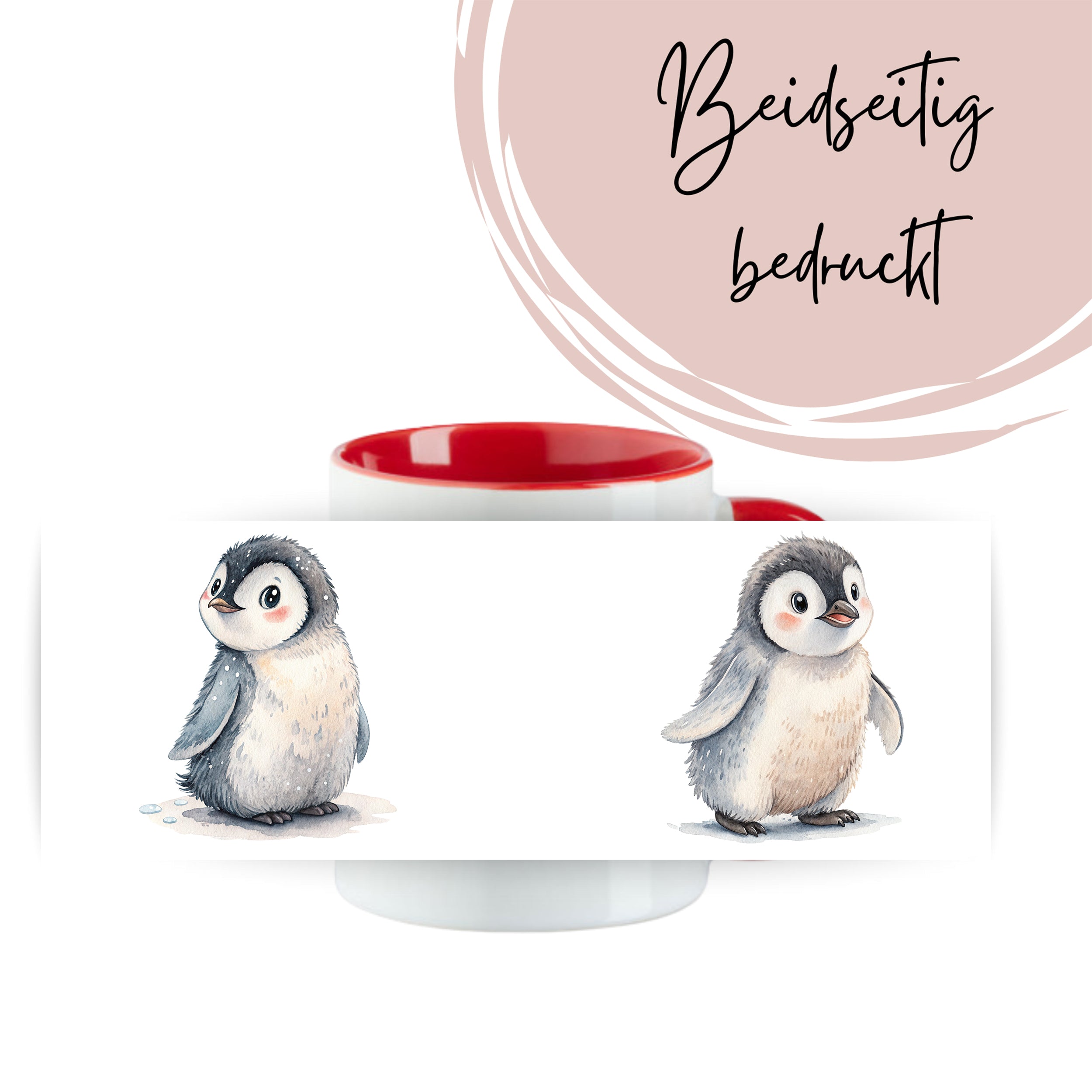 Tasse mit niedlichen Pinguin-Motiven, rot-weißer Farbgebung.