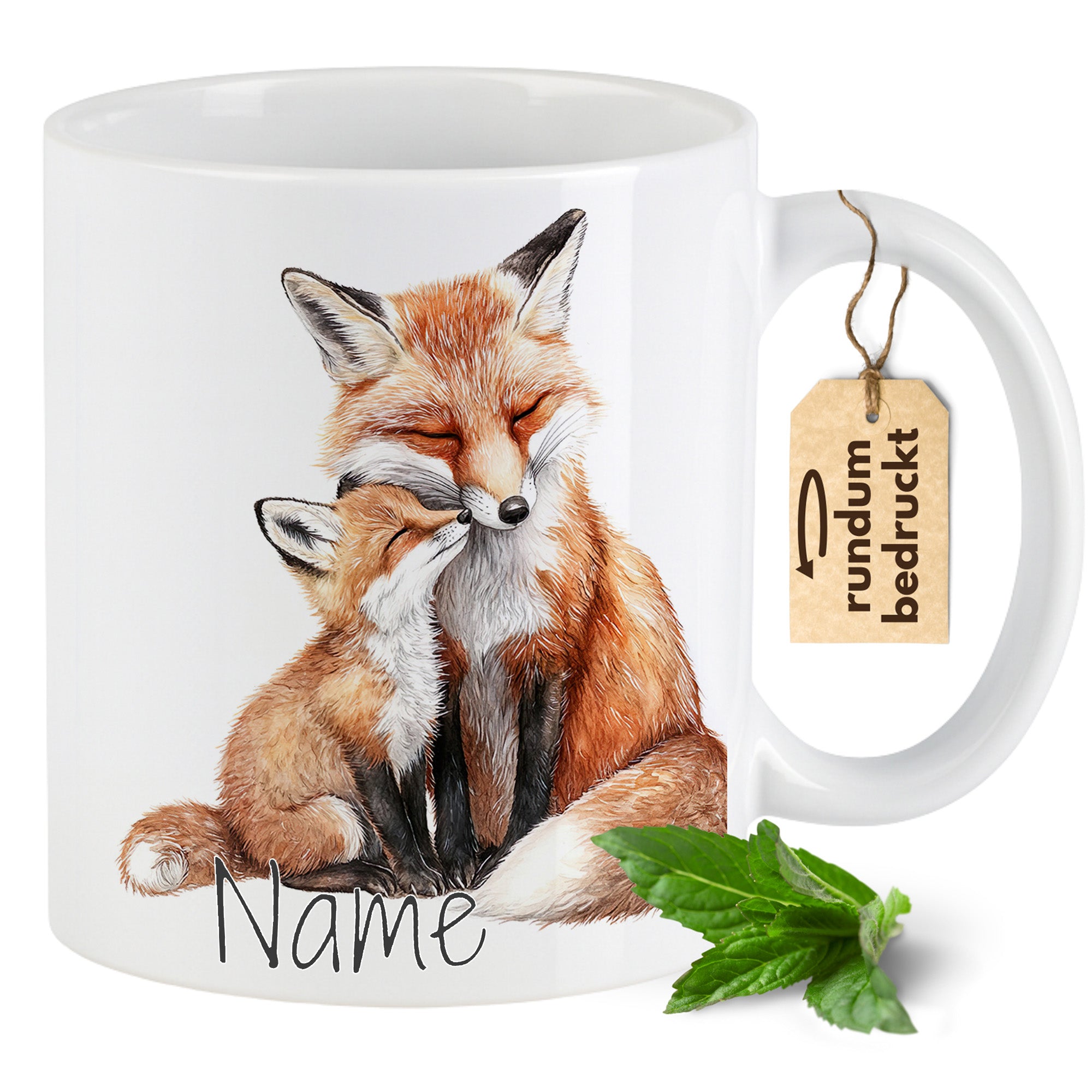 Tasse mit Füchsen, orangefarben, personalisierbar mit Namen.