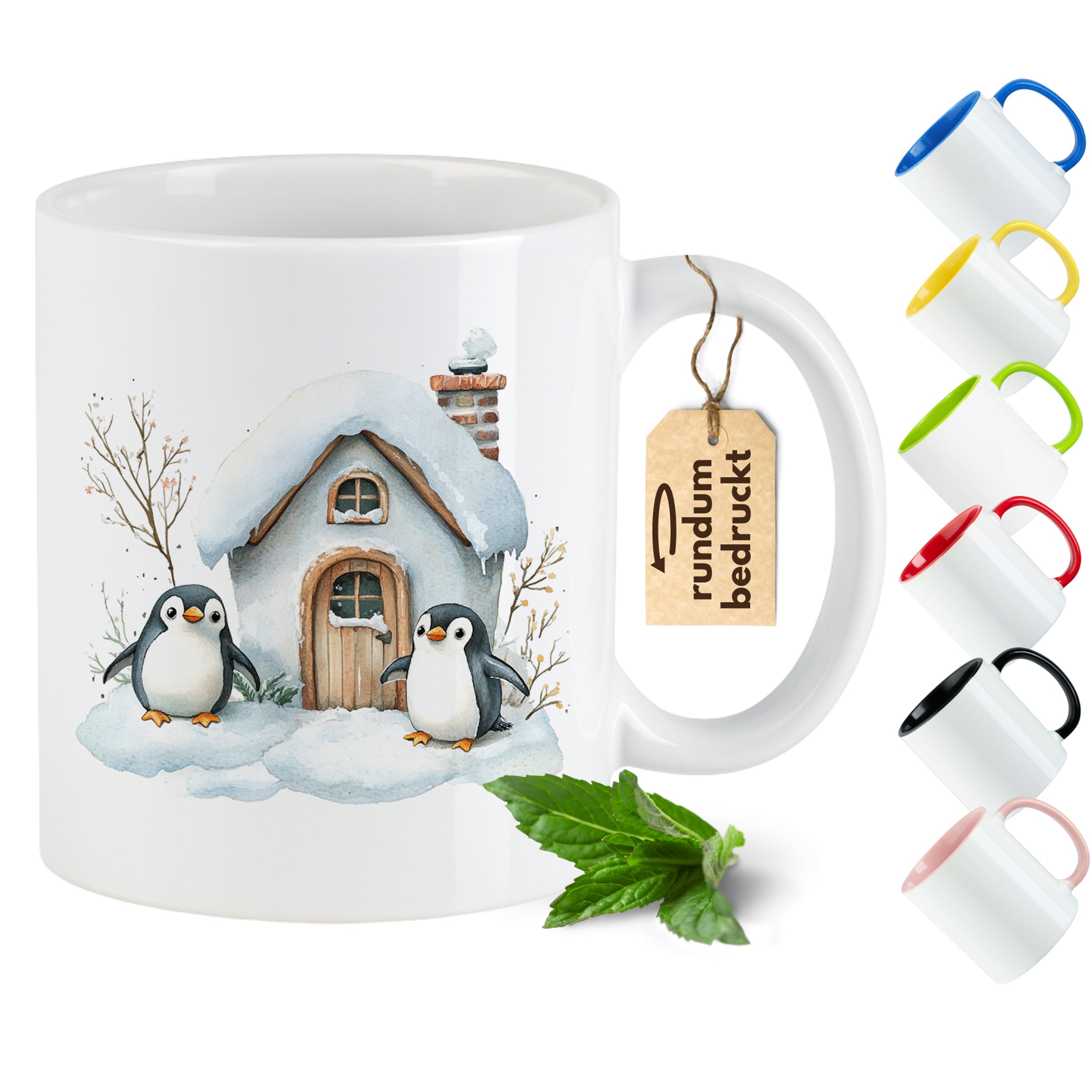 Tasse mit Pinguinen und winterlichem Haus, weiß.
