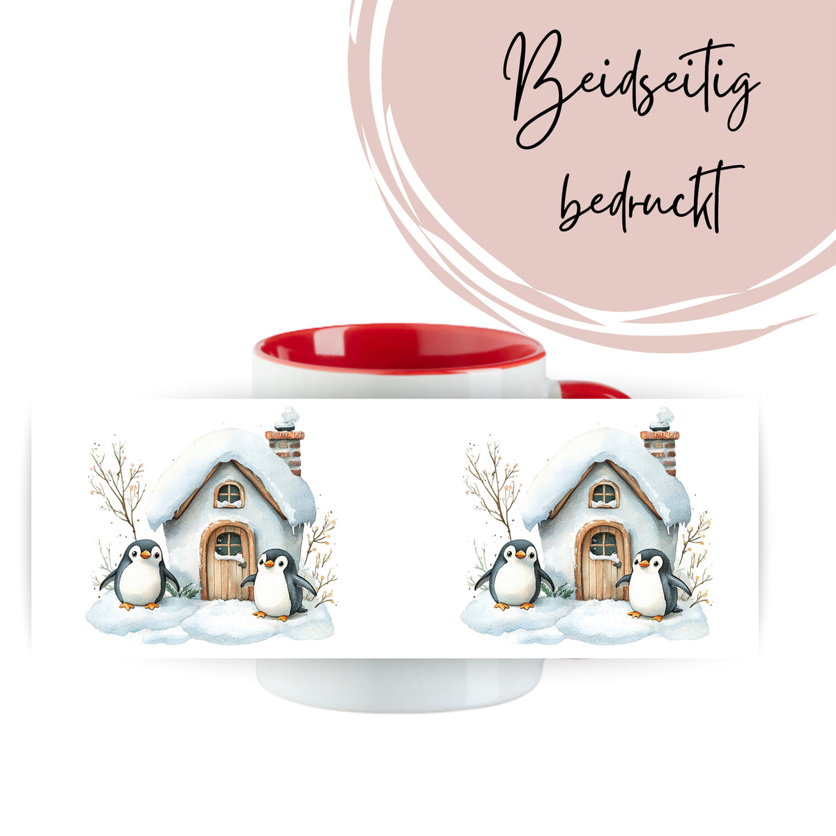 Tasse mit roten Rand, beidseitig bedruckt, Pinguine und Schneehütte.