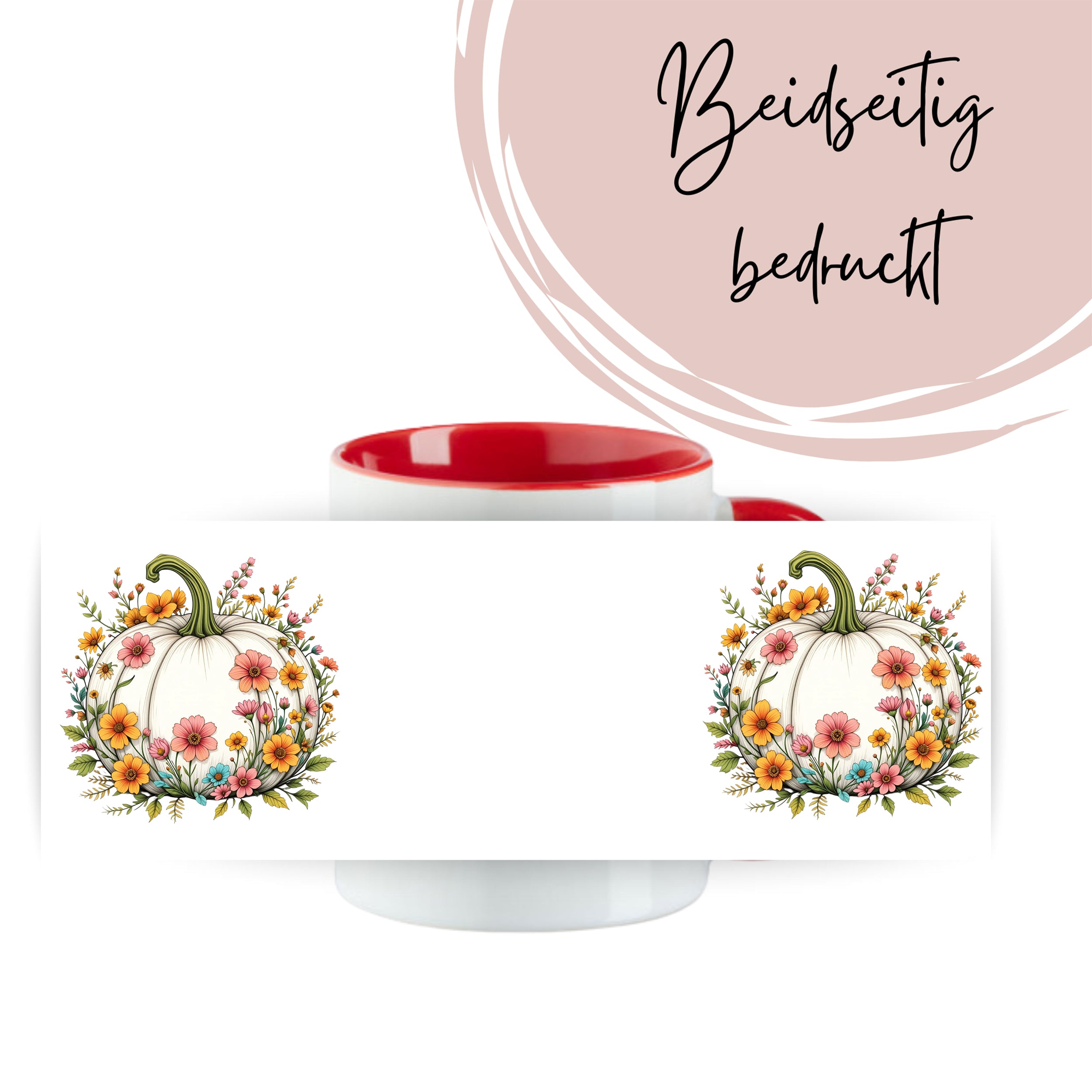 Tasse mit roten Innenraum, beidseitig bedruckt mit Kürbis und Blumen.