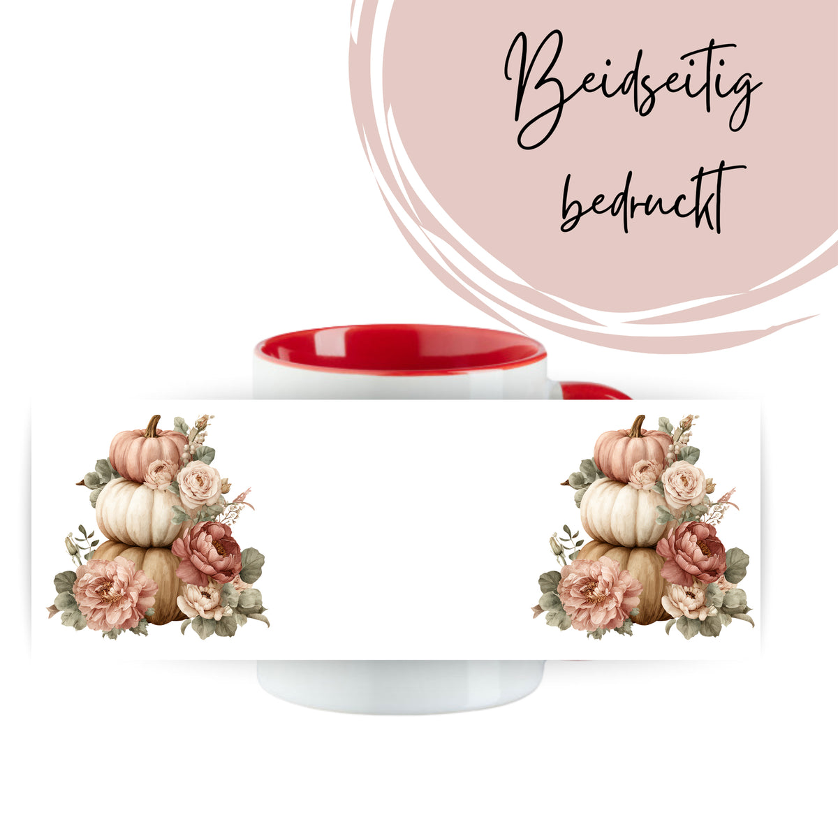 Tasse mit roten Rand, beidseitig bedruckt, Kürbisse und Blumen.