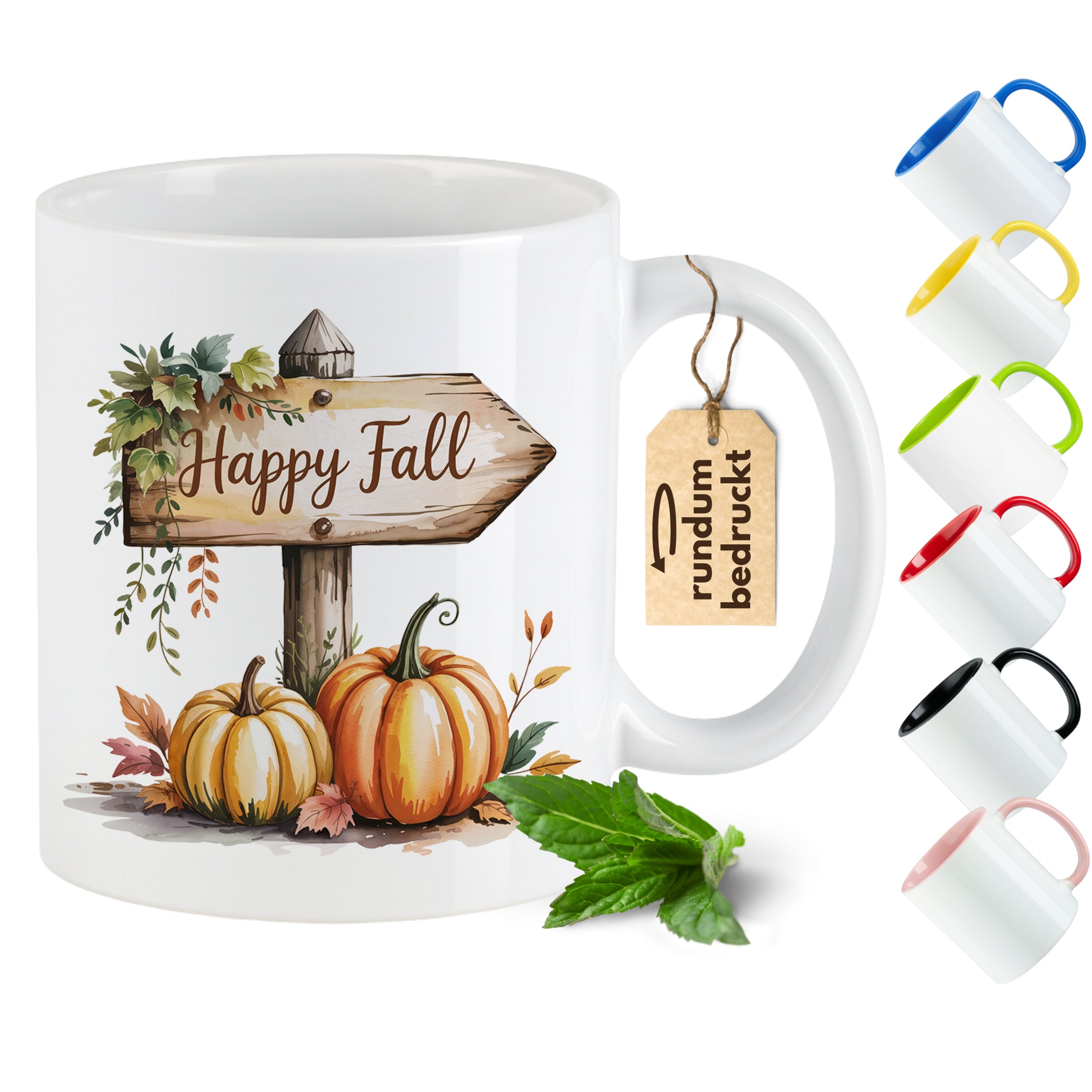 Tasse mit Herbstmotiv, Kürbisse und "Happy Fall"-Schild.