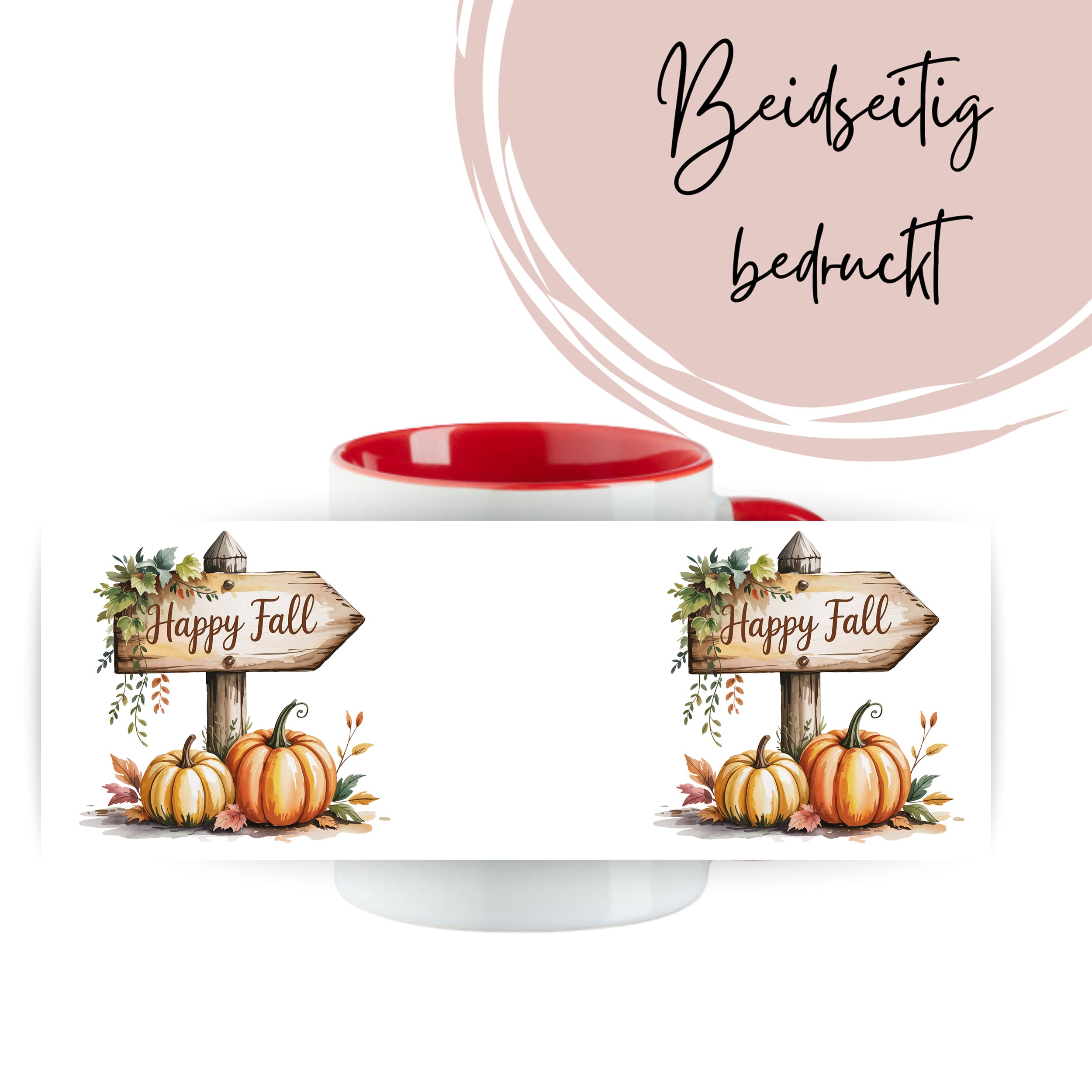 Tasse mit rotem Rand, beidseitig bedruckt, Herbstmotiv.