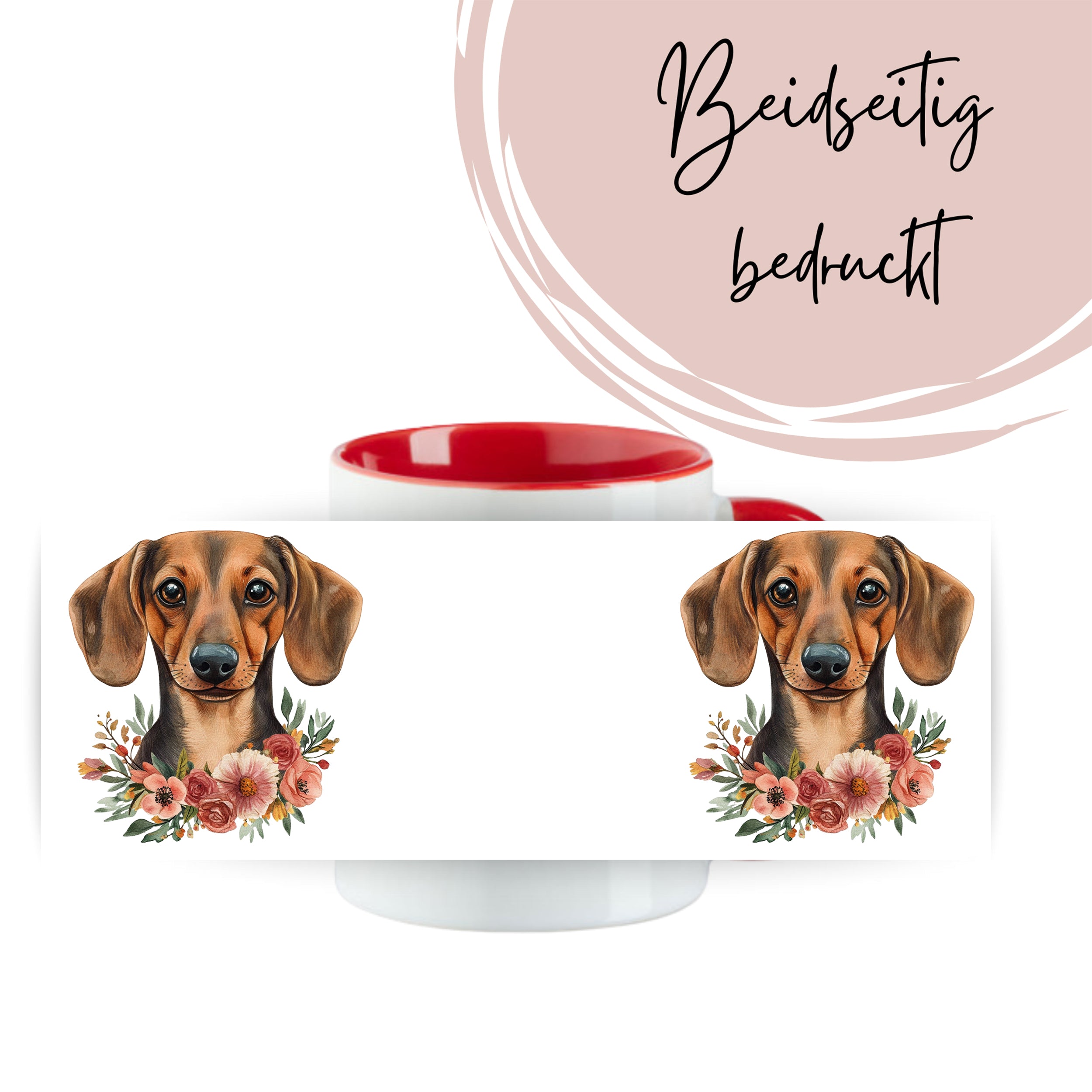 Tasse mit Dackel-Motiv und Blumen, rot-weiße Farbgestaltung.