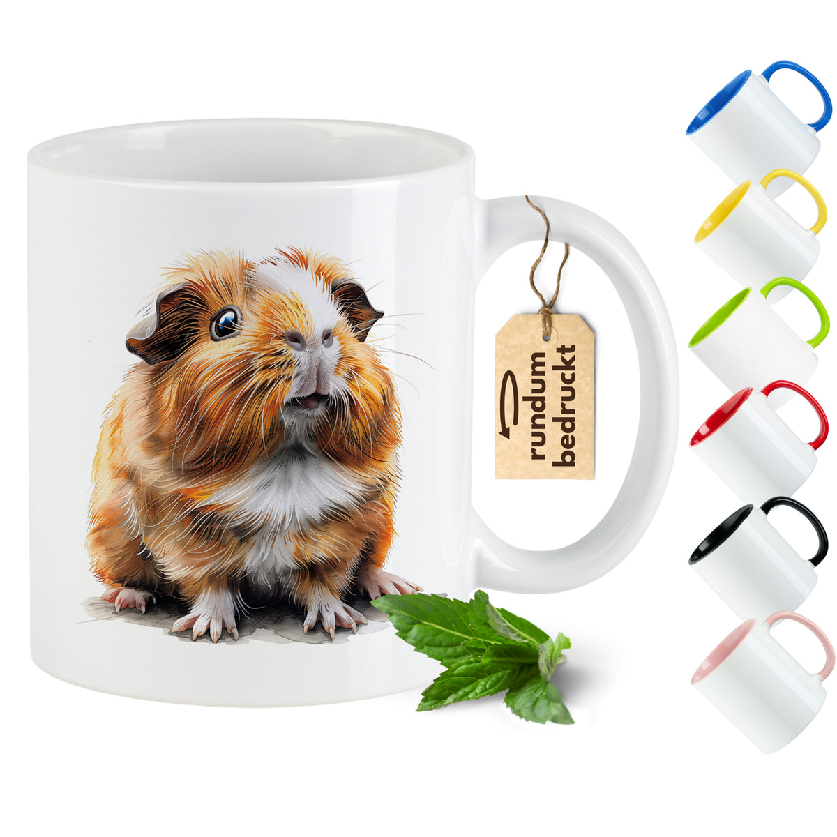 Tasse mit Meerschweinchen-Motiv, weiß mit buntem Henkel.
