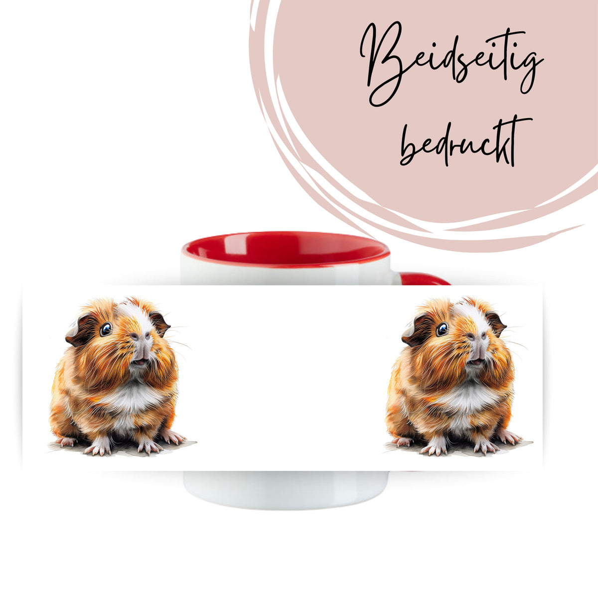 Tasse mit rot-weißem Design und Meerschweinchen-Motiv.