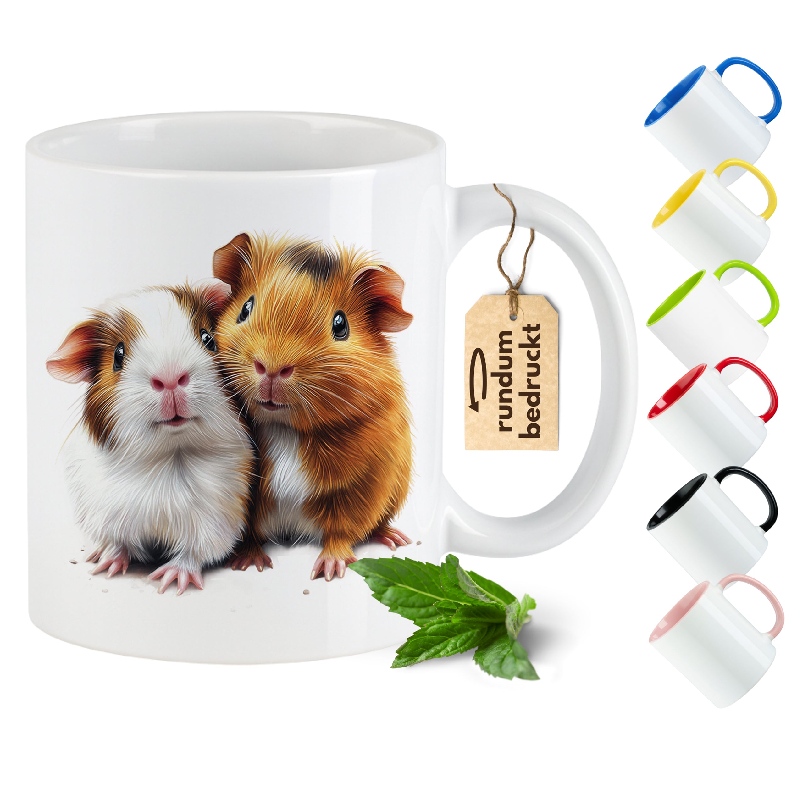 Tasse mit zwei Meerschweinchen, weiß mit buntem Henkel.