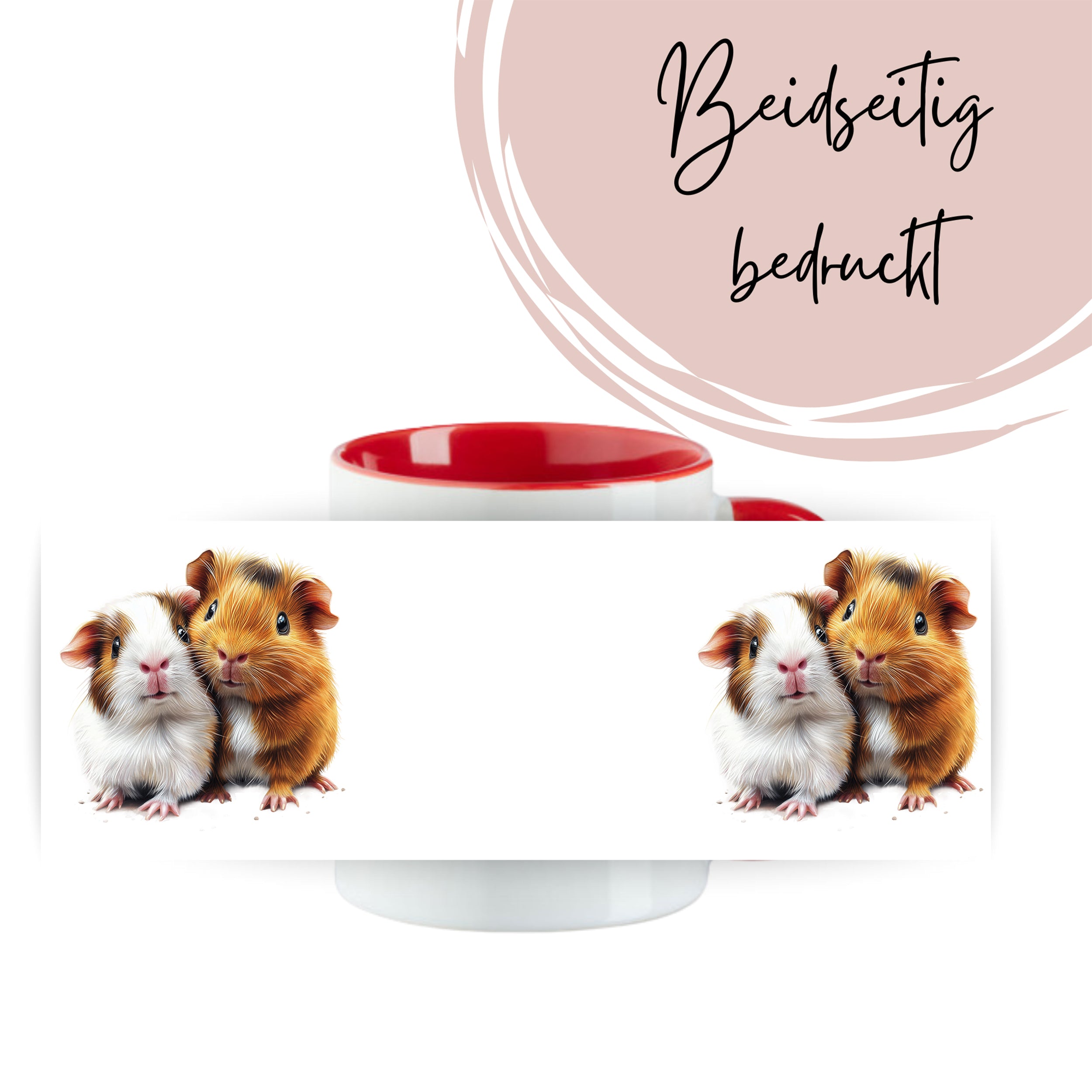Tasse mit Meerschweinchen-Motiv, rot-weißer Farbgebung.