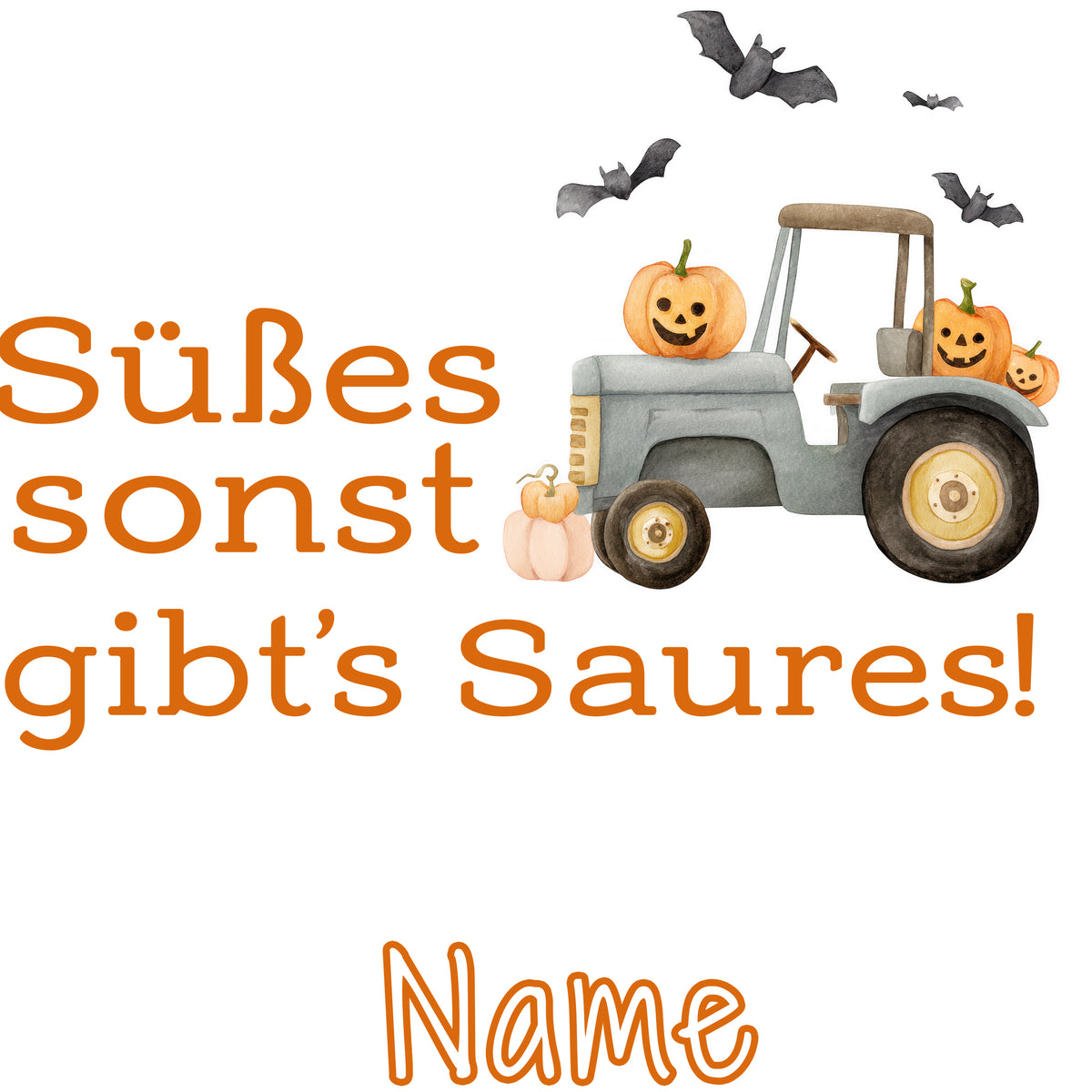 Traktor mit Kürbissen, orangefarbener Text, Halloween-Thema.