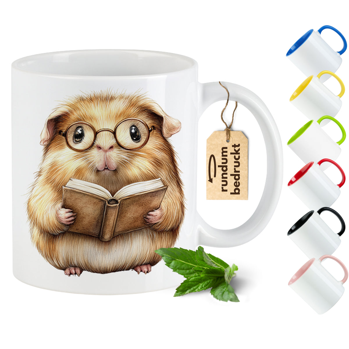 Tasse mit Meerschweinchen, braun, mit Brille und Buch.