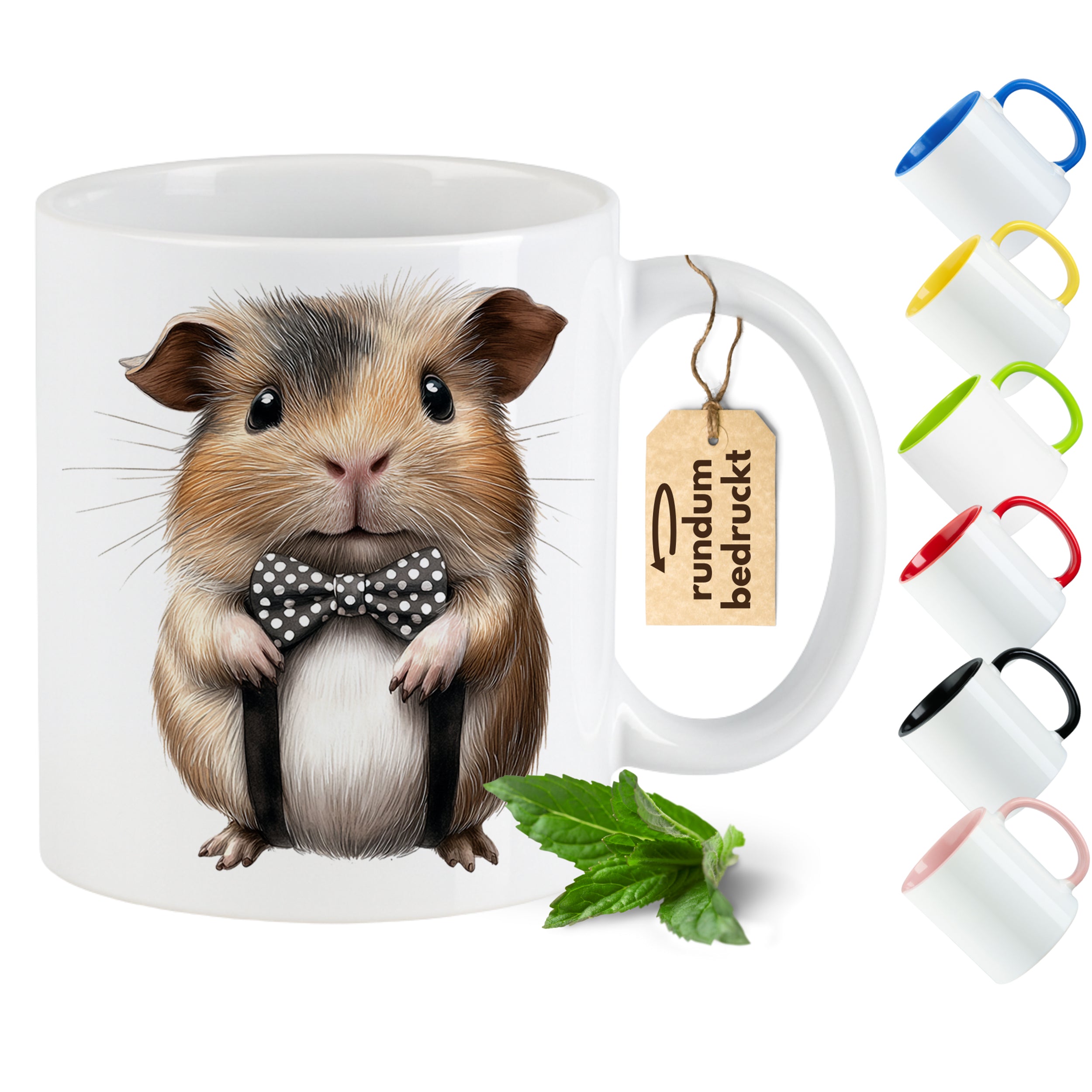 Tasse mit Meerschweinchen-Motiv und schwarzer Fliege.