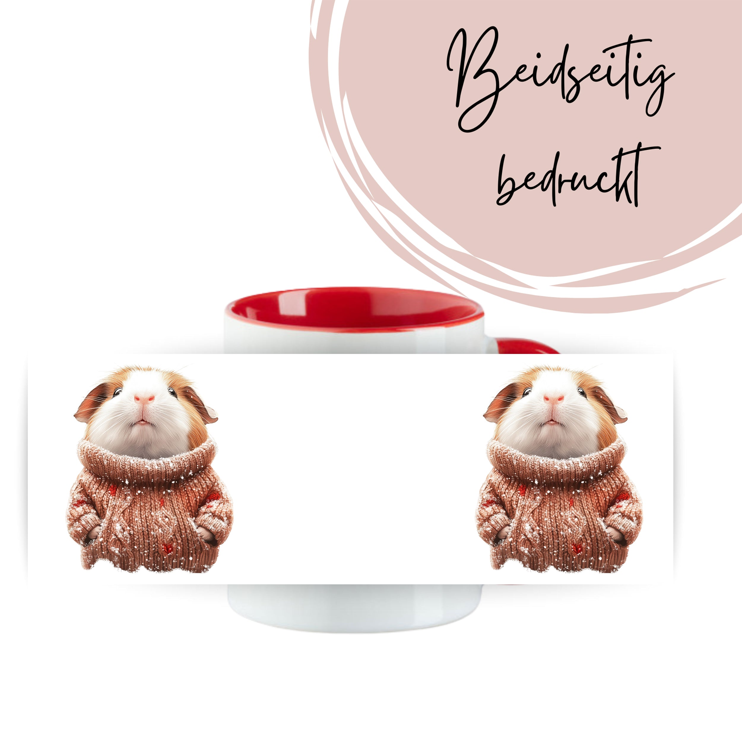 Tasse mit Meerschweinchen im braunen Pullover, rot-weißer Rand.