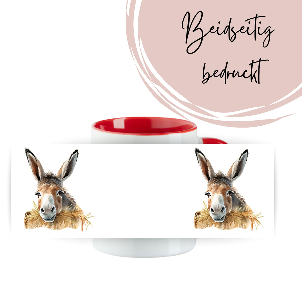 Tasse mit Esel-Motiv, rot-weißer Farbgebung, beidseitig bedruckt.
