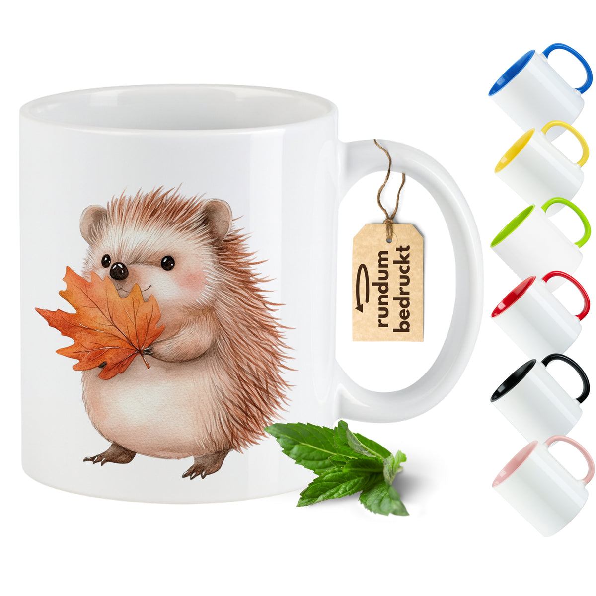 Kaffeetasse mit Igel und buntem Henkel, weiß.