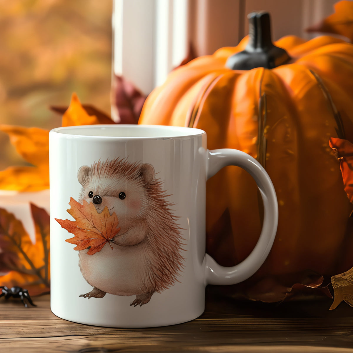 Tasse mit Igel und buntem Herbstblatt, weiß.