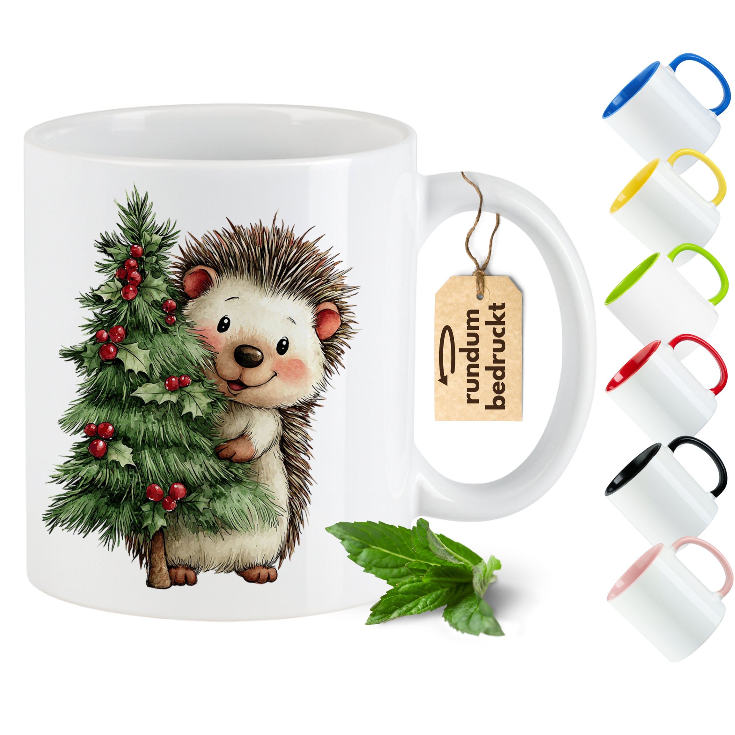 Tasse mit Igel und Weihnachtsbaum, weiß mit bunten Griffen.