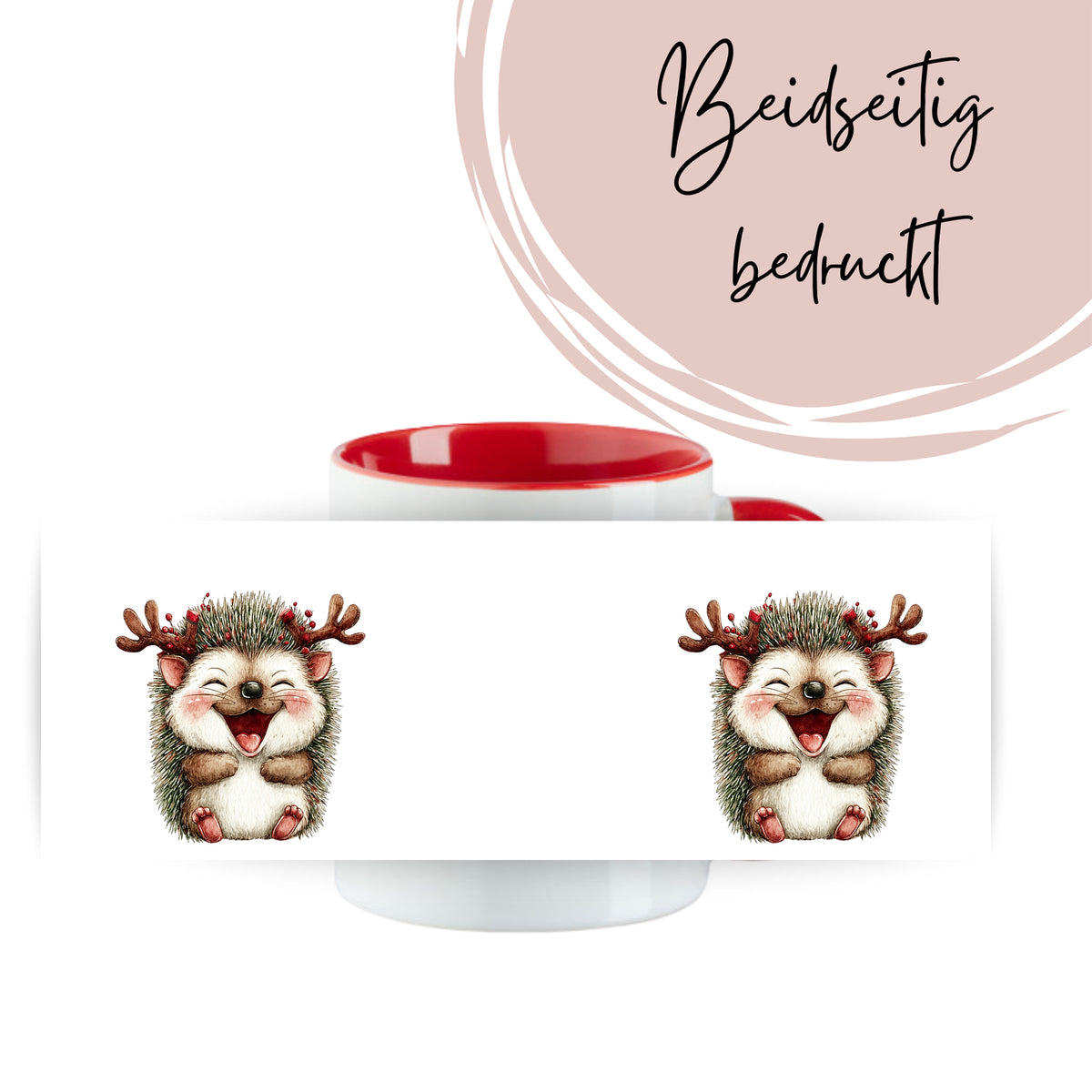 Tasse mit roten Rand, beidseitig bedruckt, Igel-Motiv.