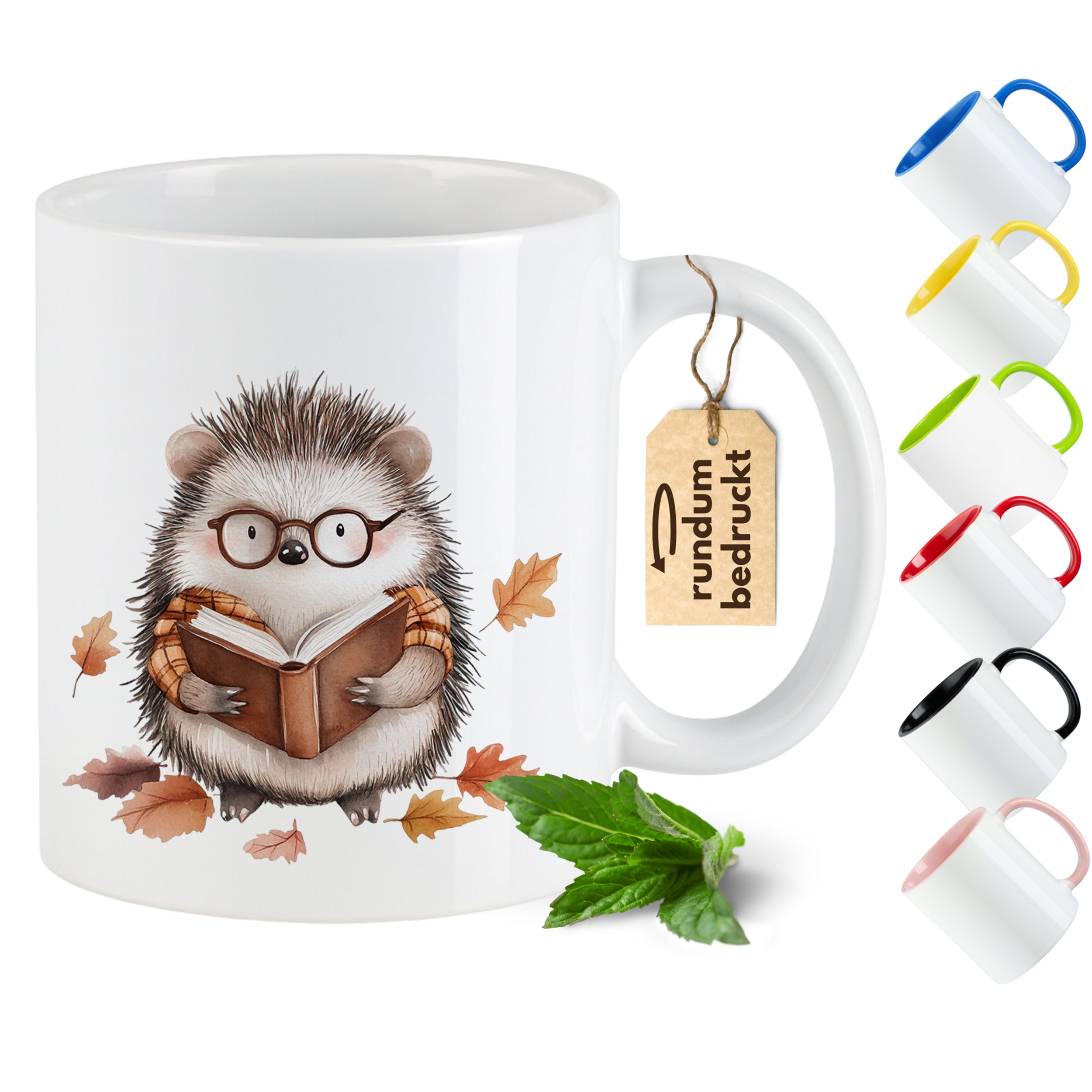 Kaffeetasse mit Igel, Brille und Buch, weiß mit buntem Henkel.