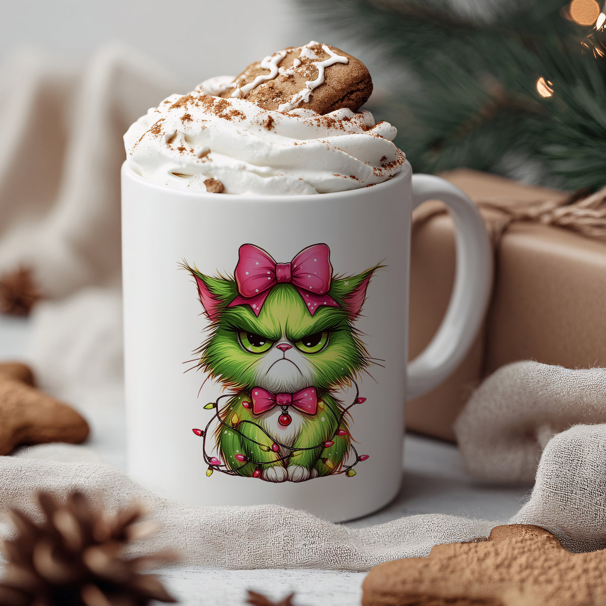Grüne Tasse mit grimmigem Kater und Schleife, Sahnehaube.