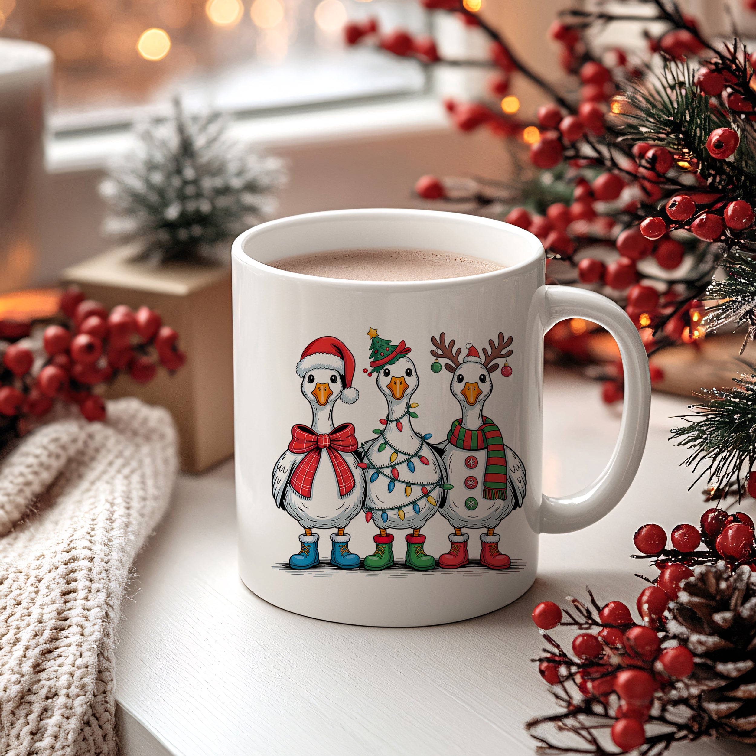Weißer Becher mit Weihnachtsgänsen, rot-grünen Accessoires.