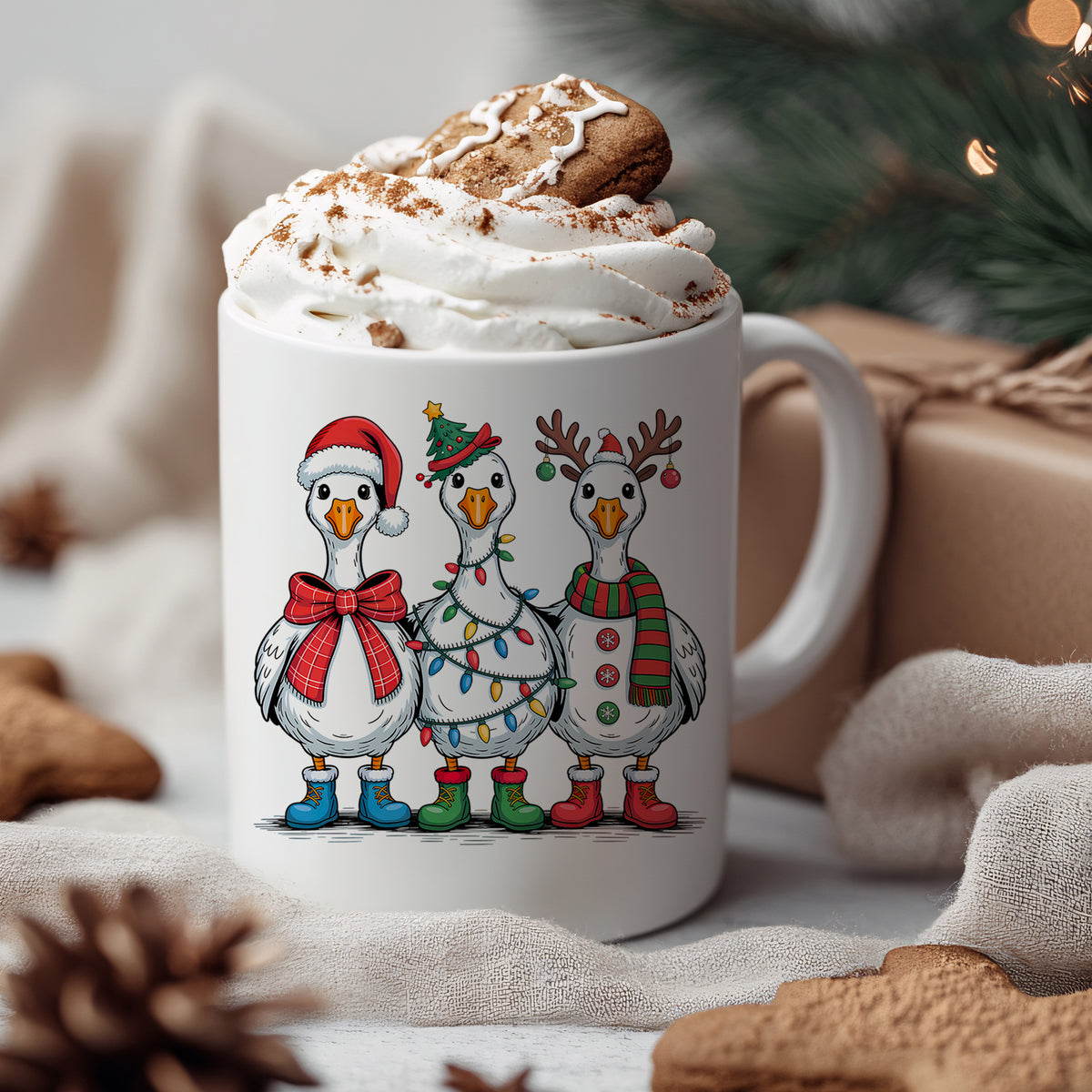 Kaffeetasse mit drei festlich gekleideten Enten.
