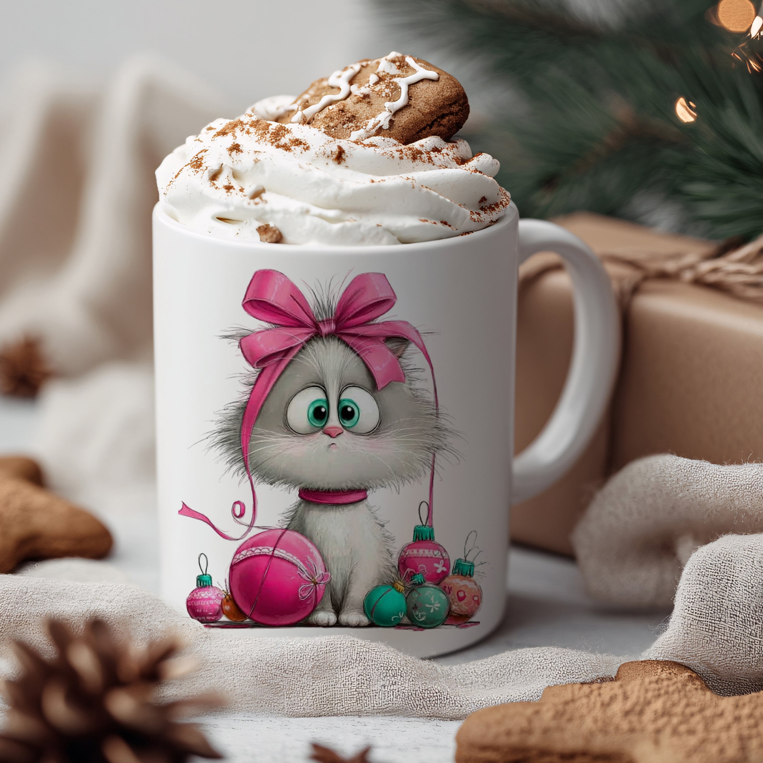 Tasse mit niedlichem Kätzchen und Weihnachtskugeln, rosa Schleife.