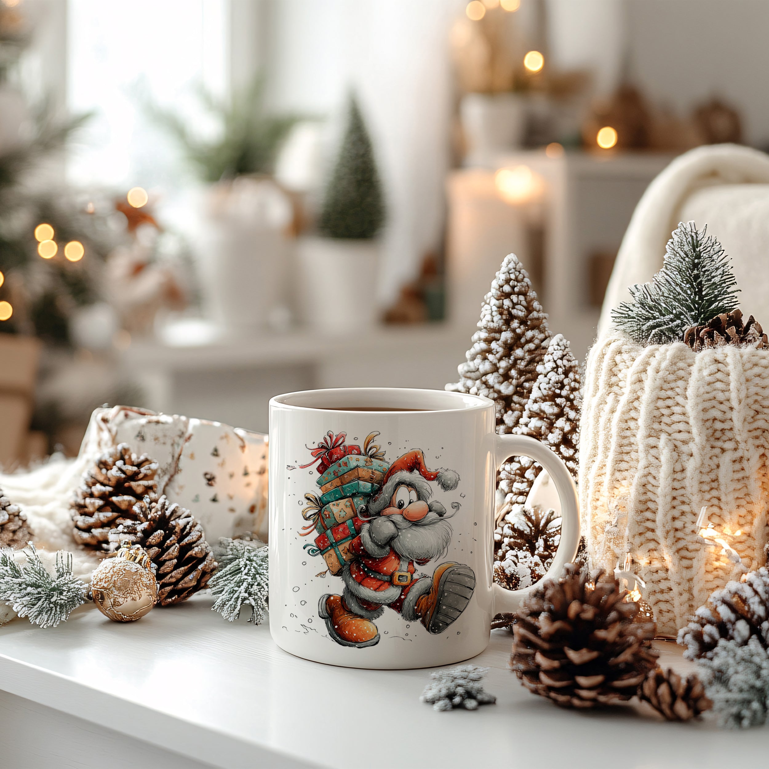 Weißer Becher mit Weihnachtsmann-Motiv und Geschenken.