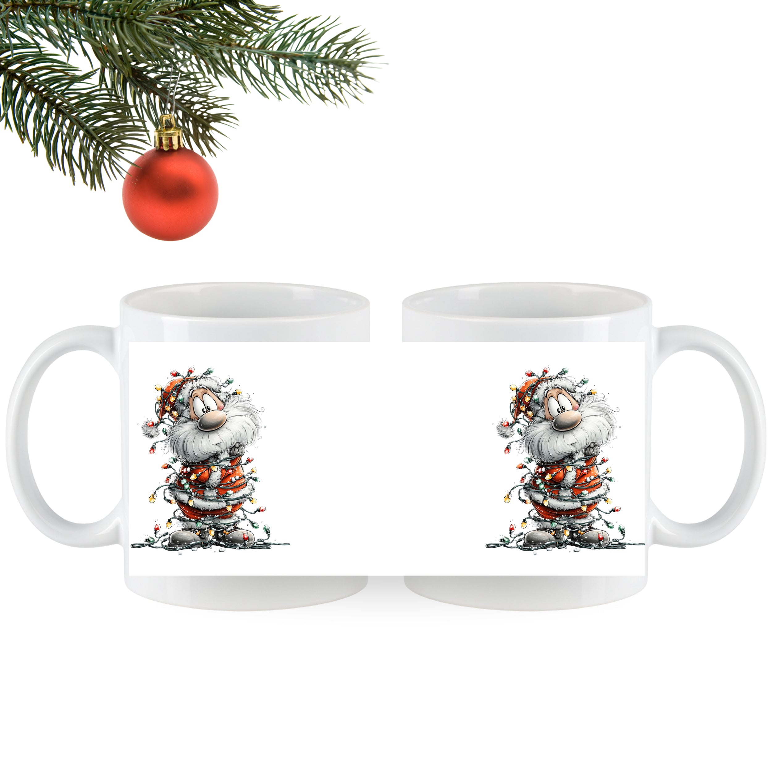 Weißer Weihnachtsbecher mit fröhlichem Weihnachtsmann-Design.