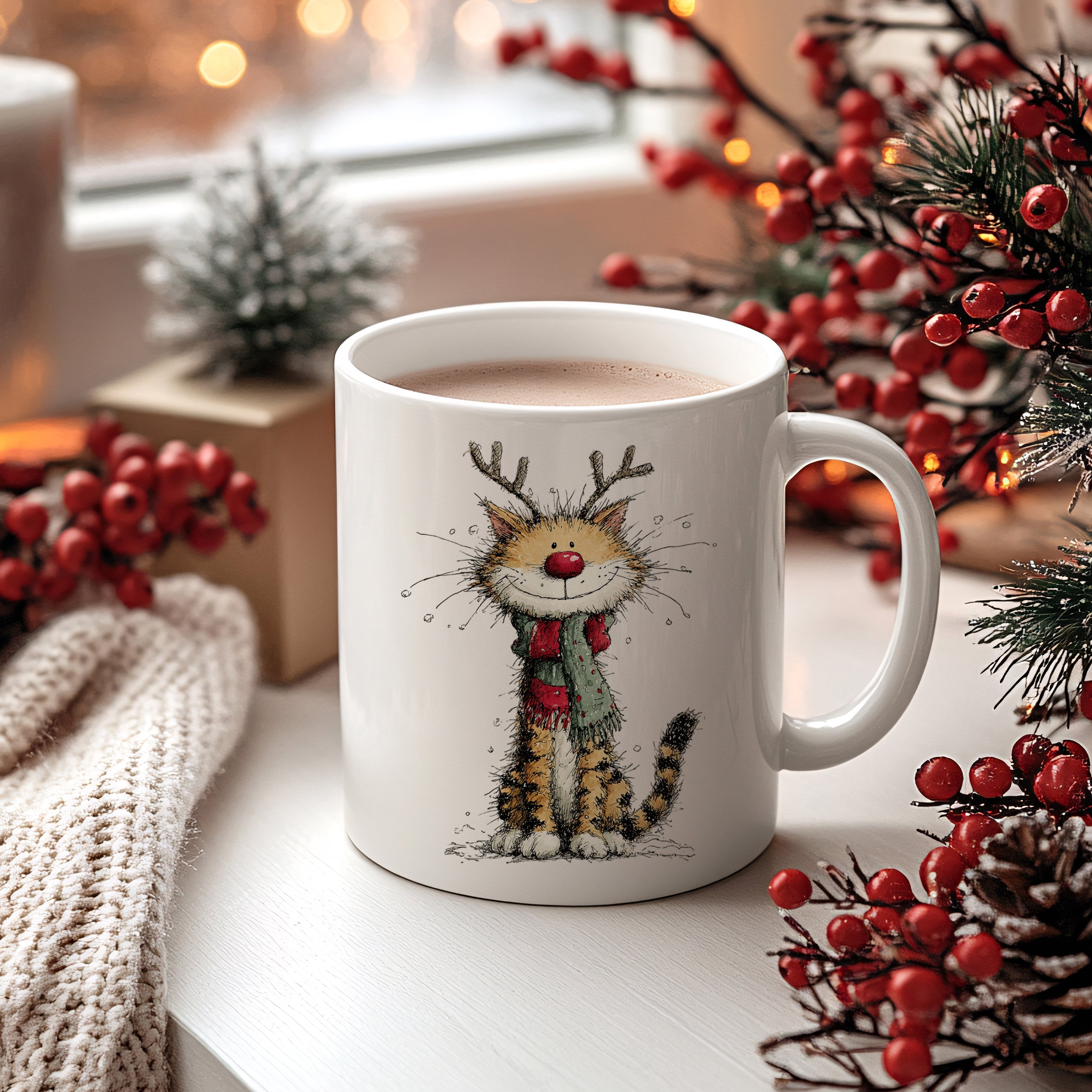 Kaffeetasse mit lustiger Katze, rot-grünem Schal, winterlich dekoriert.