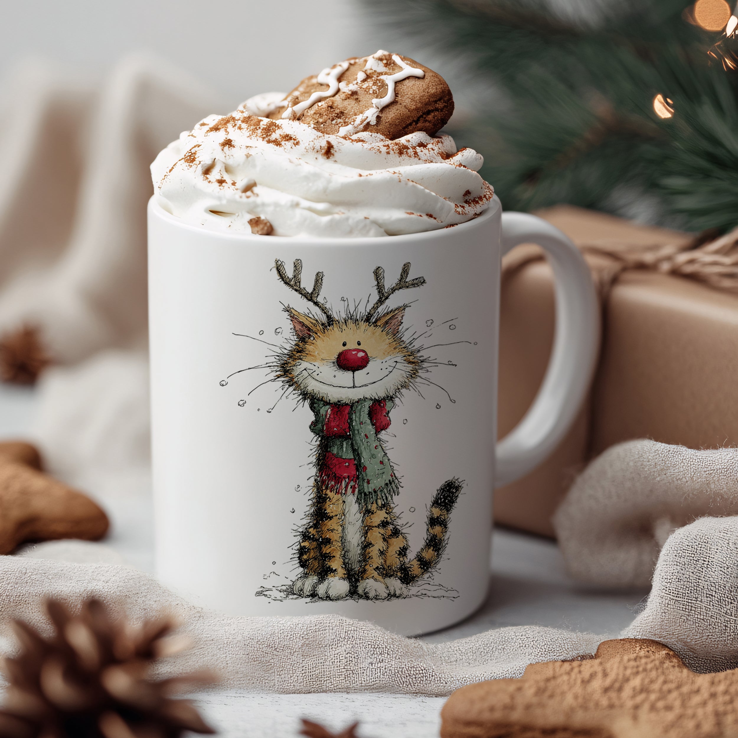 Kaffeetasse mit lustigem Tierdesign, weiß, mit Sahne und Lebkuchen.