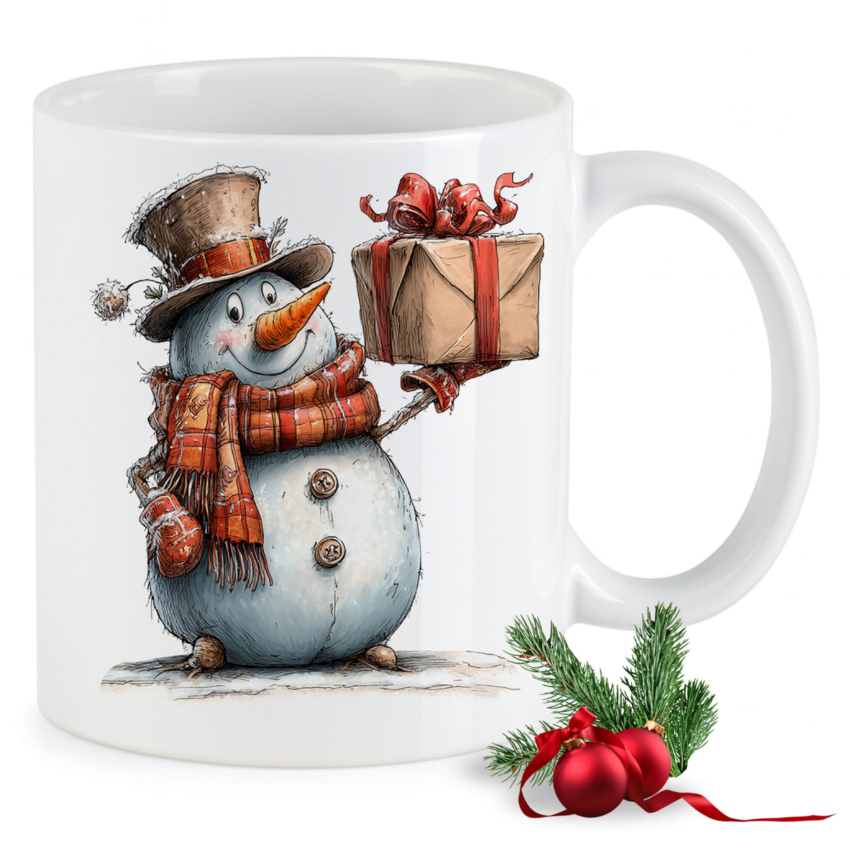 Kaffeetasse mit Schneemann, Geschenk und Weihnachtsdeko.