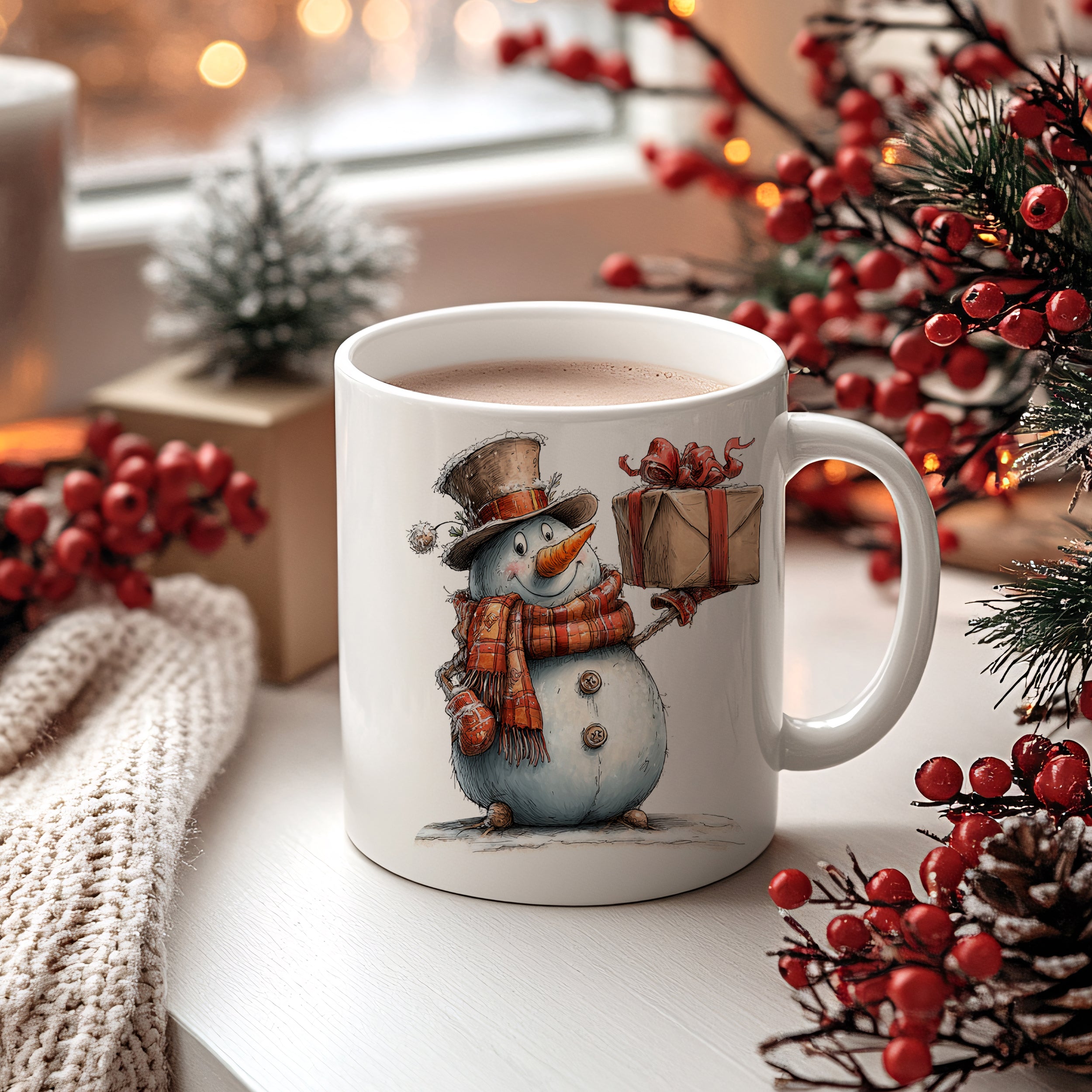 Kaffeetasse mit Schneemann, Geschenk und winterlicher Dekoration.