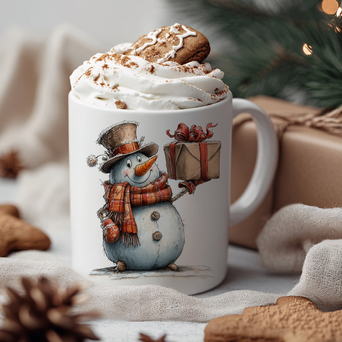 Tasse mit Schneemann, Sahne, Lebkuchen und Geschenk.