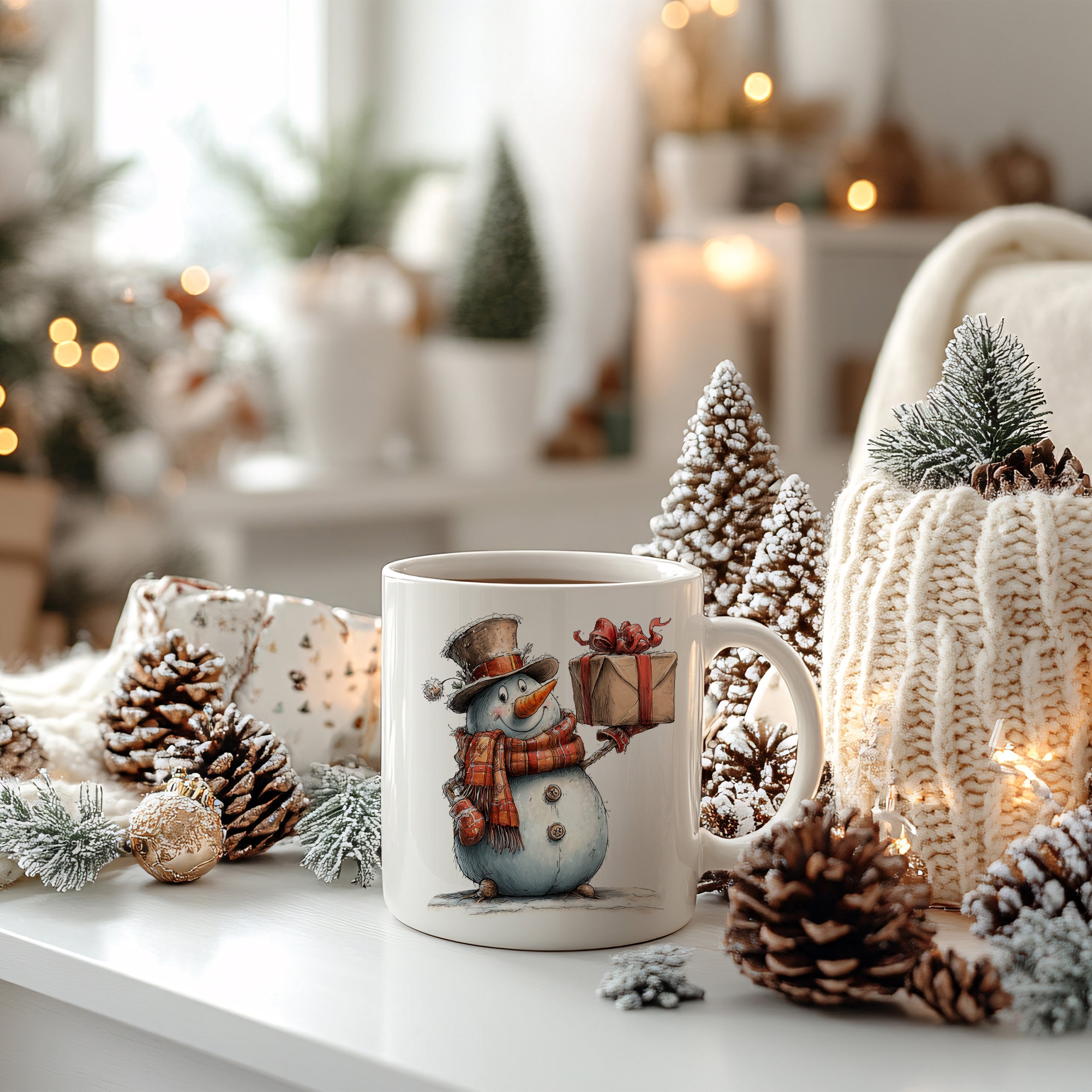 Tasse mit Schneemann und Geschenk, winterliche Dekoration.