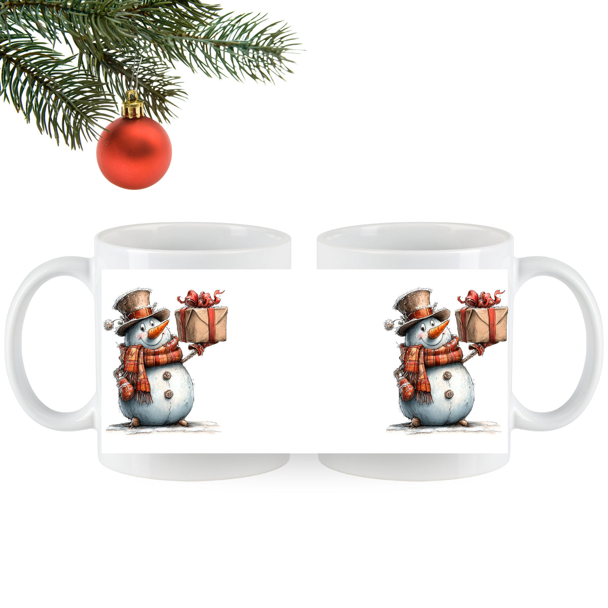 Weiße Tassen mit Schneemann und Geschenk, weihnachtliches Design.