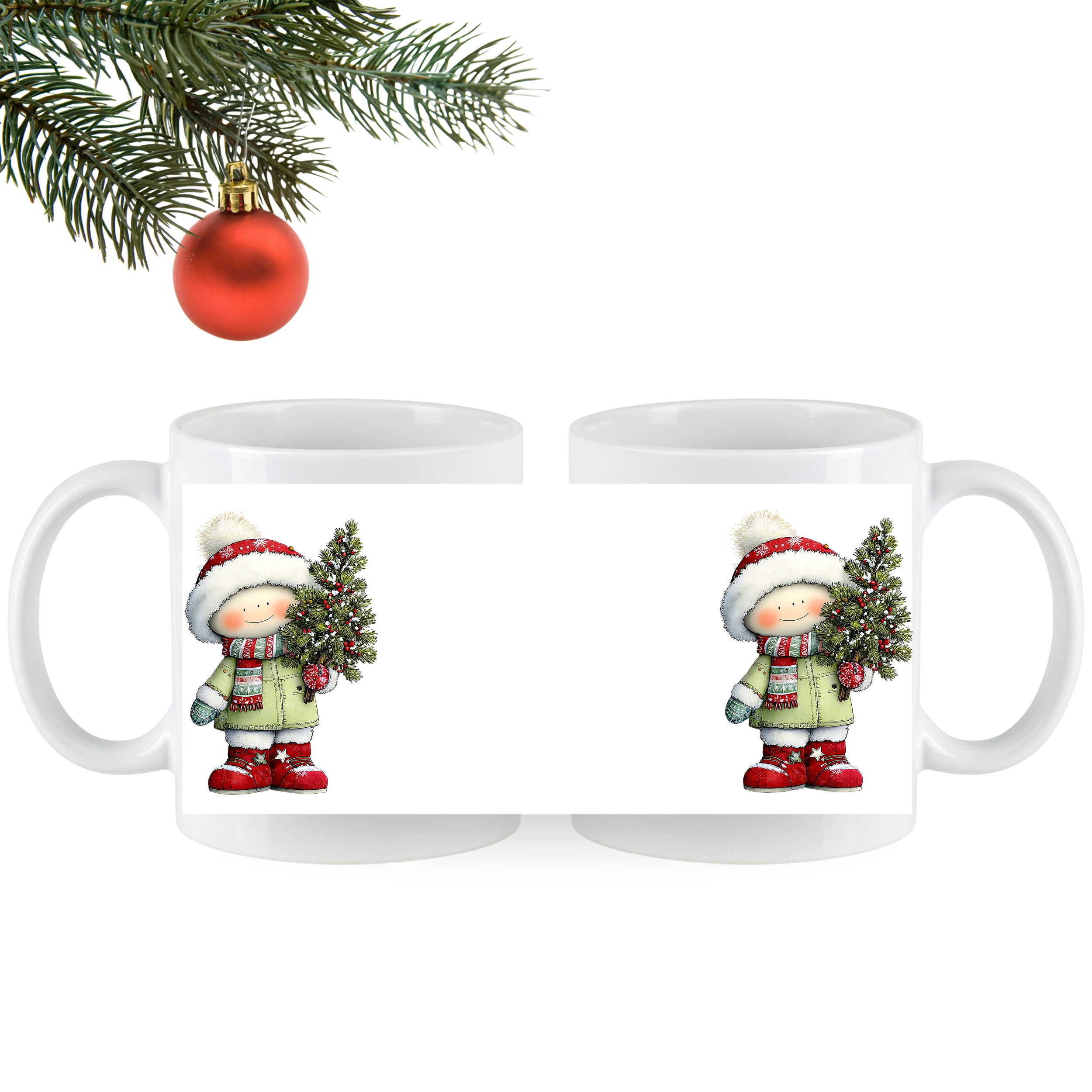 Weiße Tasse mit Weihnachtsmotiv, Kind und Tannenbaum.