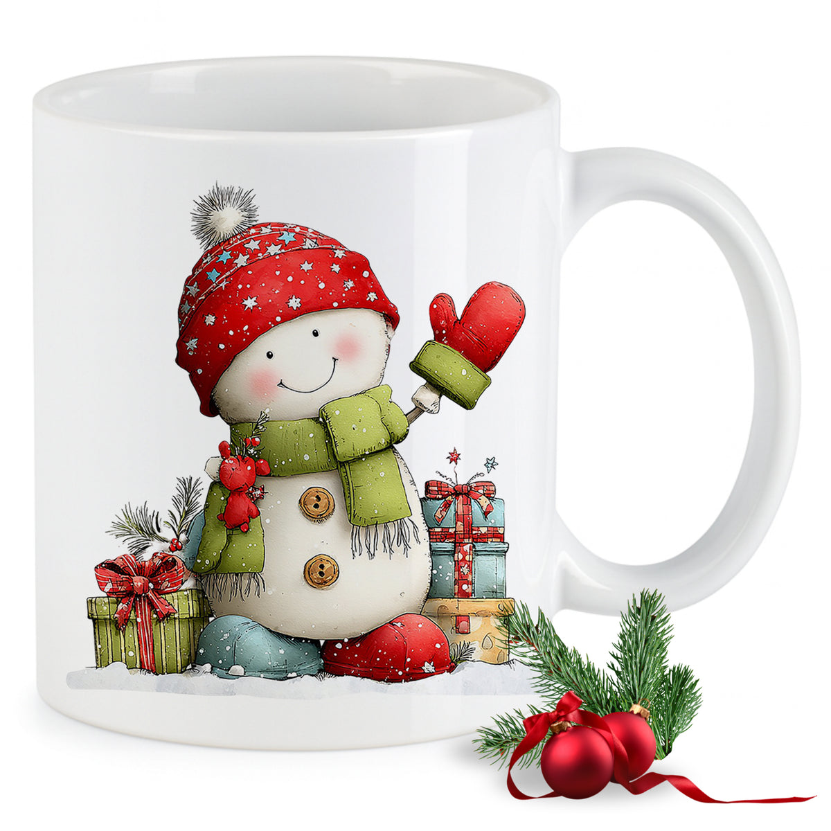 Weißer Becher mit Schneemann, roten Mütze und Geschenken.