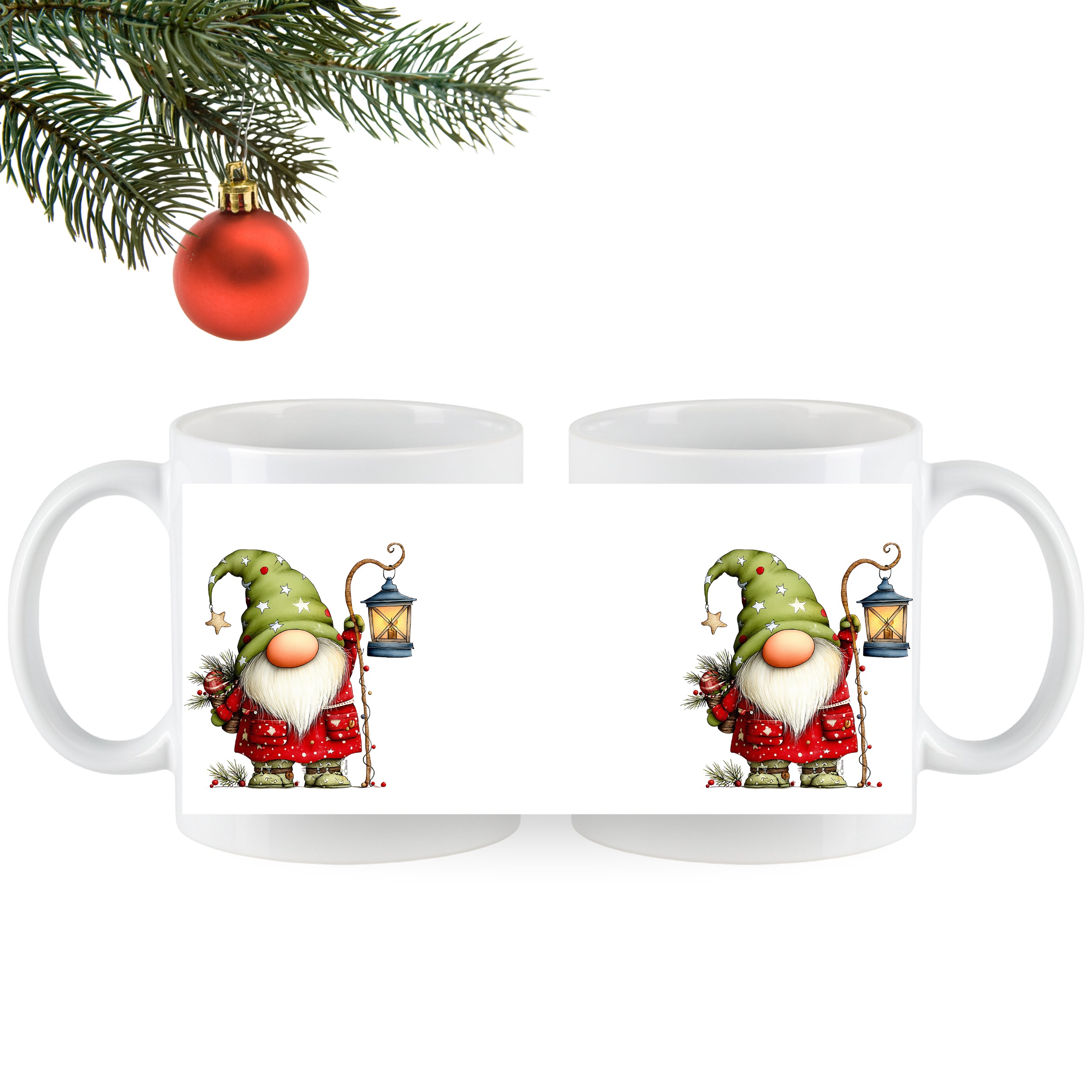 Weiße Tasse mit Weihnachtswichtel und Laterne, grün und rot.