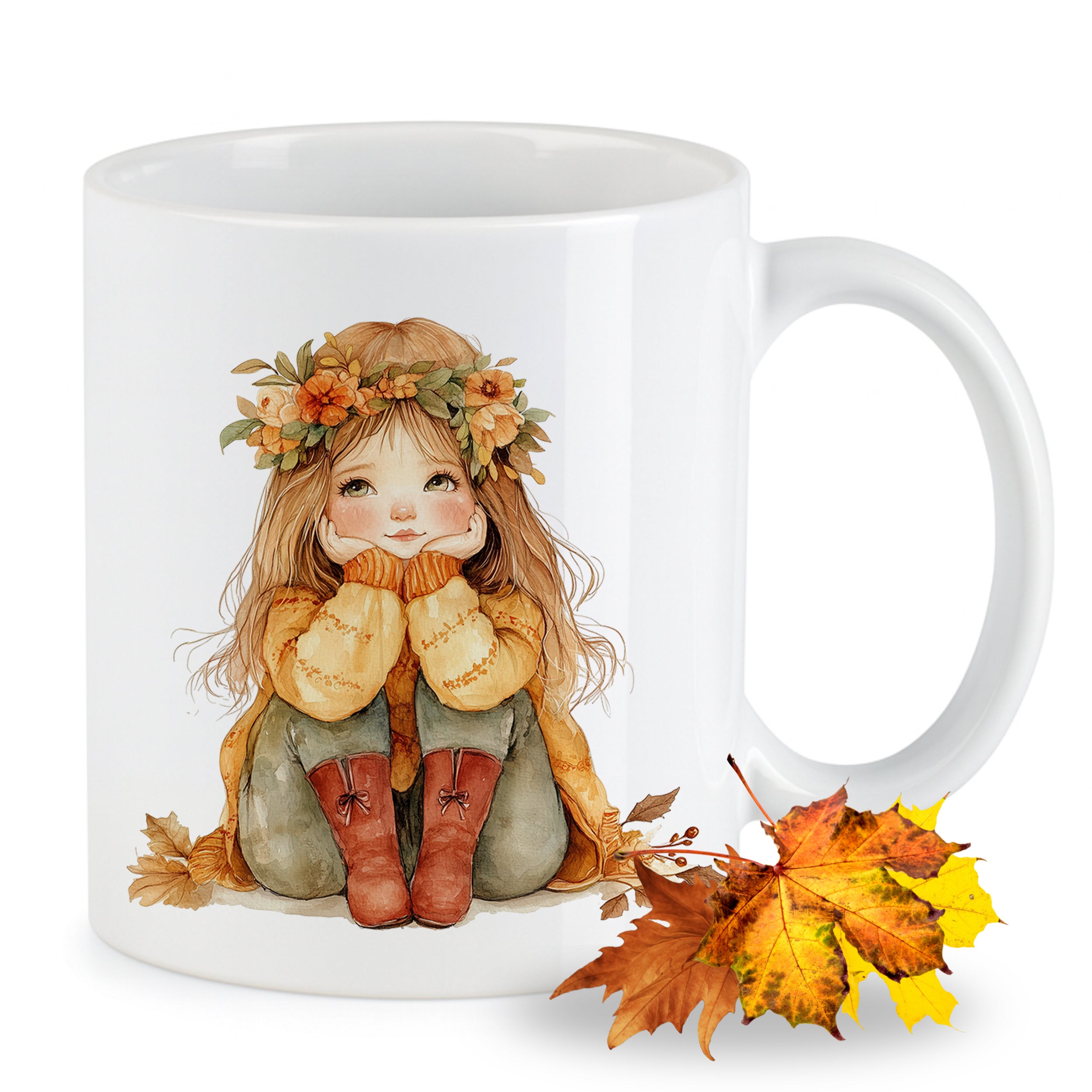 Tasse mit herbstlichem Mädchenmotiv und buntem Laub.