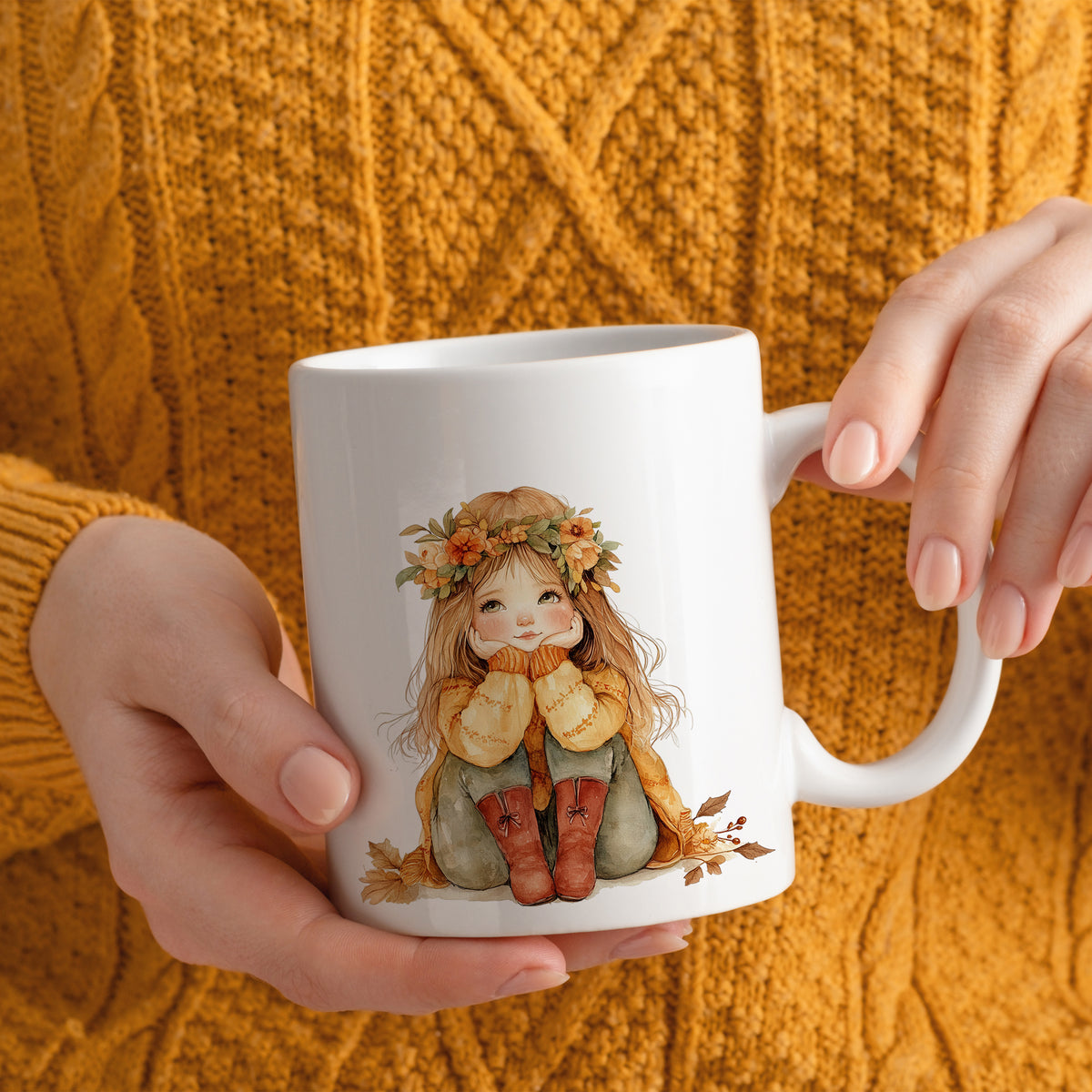 Tasse mit herbstlichem Mädchenmotiv und buntem Blumenkranz.