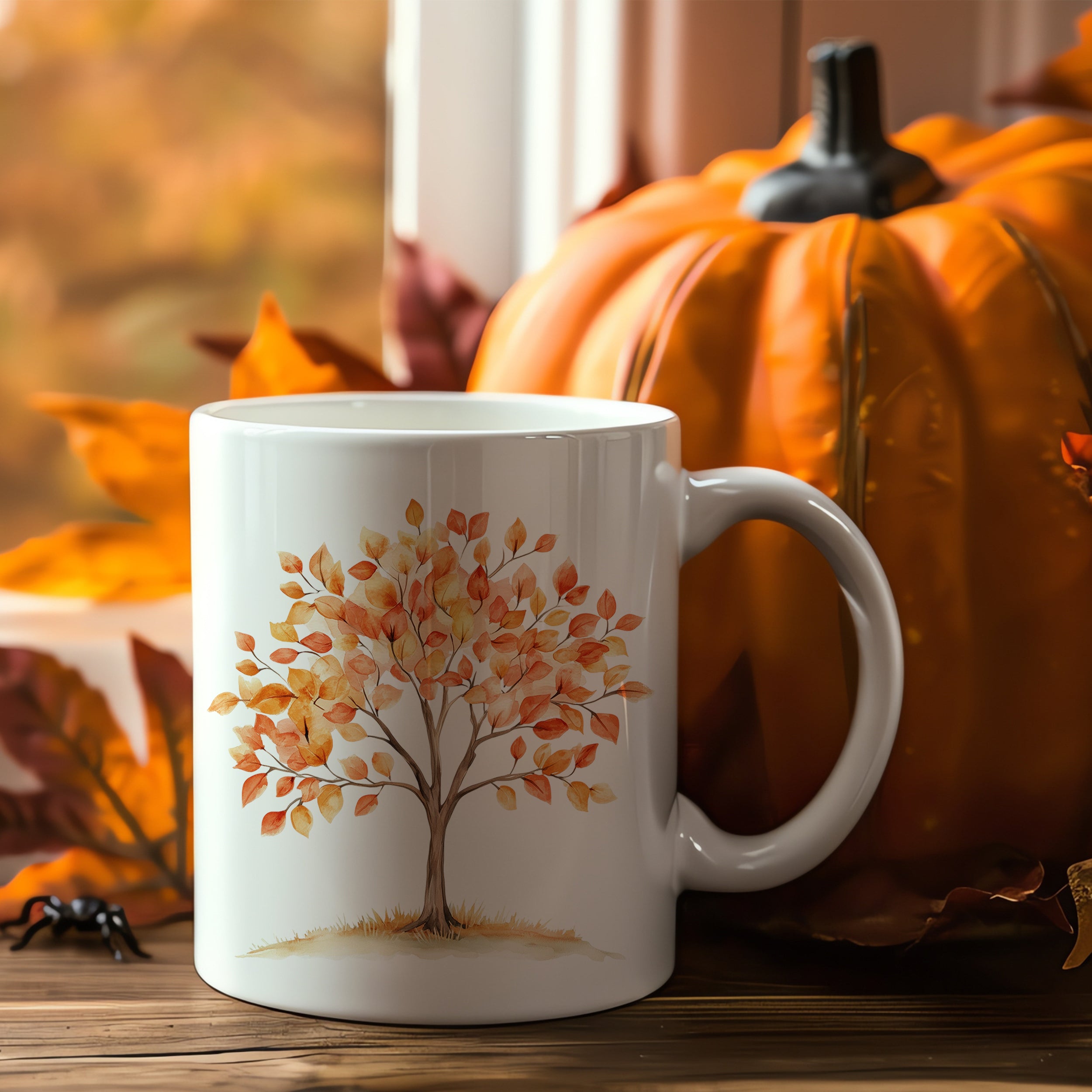 Kaffeetasse mit buntem Baum-Motiv und herbstlichen Farben.