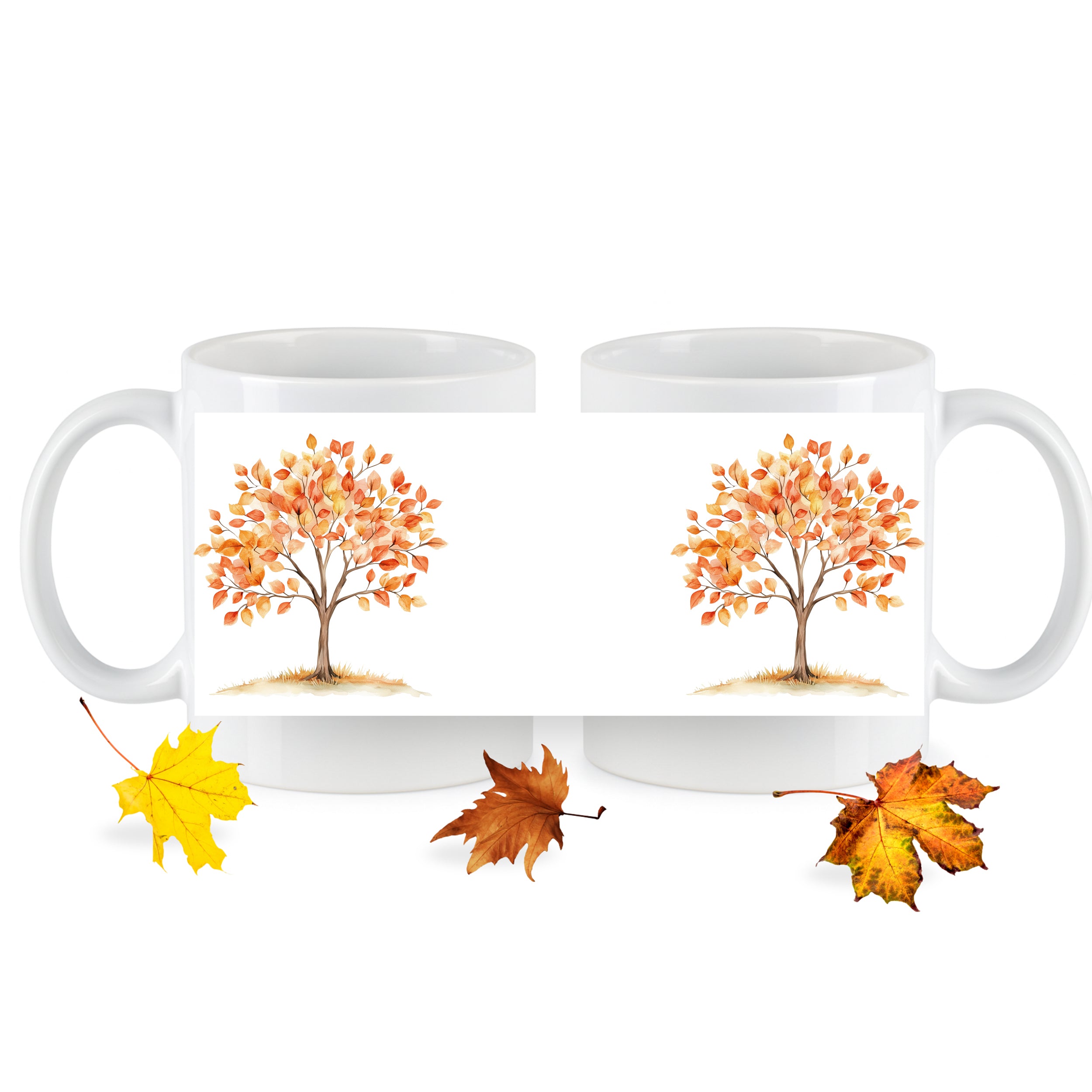 Weiße Tassen mit orangefarbenem Baum und Herbstblättern.
