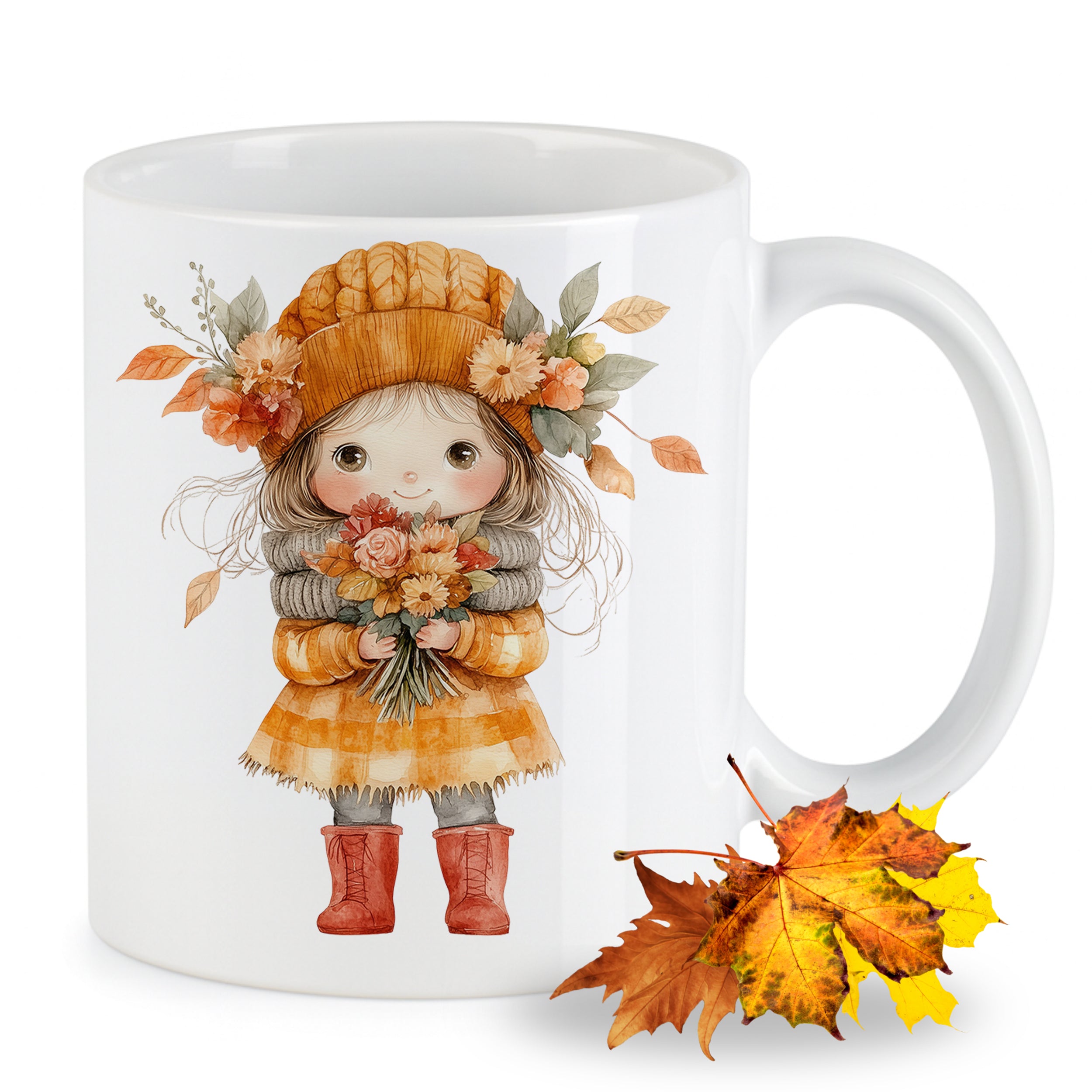 Weißer Becher mit herbstlicher Mädchenillustration und Blumen.